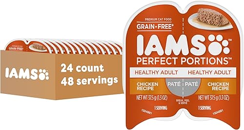 IAMS Perfect Portions - Paté de comida húmeda para gatos adultos saludables, sin granos, receta de pollo, 2.6 onzas, bandejas gemelas fáciles de