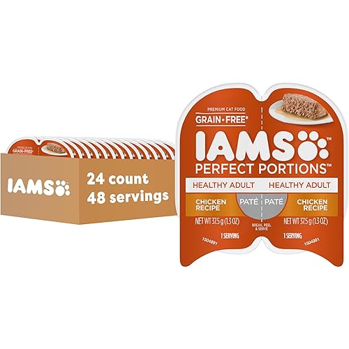 IAMS Perfect Portions Healthy Adult Grain Free Wet Cat Food Pate, Chicken Recipe, 2.6 oz. Easy Peel Twin-Pack Trays (24 Count, 48 Servings)