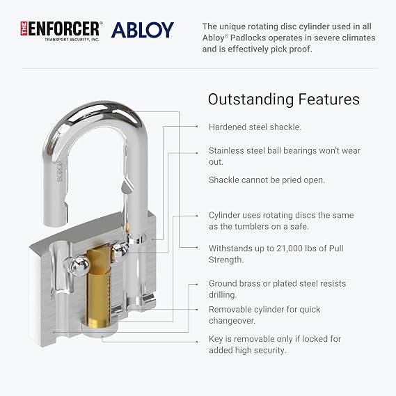 ENFORCER ABLOY 341-25 Padlock, 3/8 Shackle, 1 Clearance, Fits Trailers | STANDARD SIZE: 3/8 (10mm) shackle fits trailer latches. 1 (25mm) clearance. Disc detainer. For Trucking, Rail, Containers.