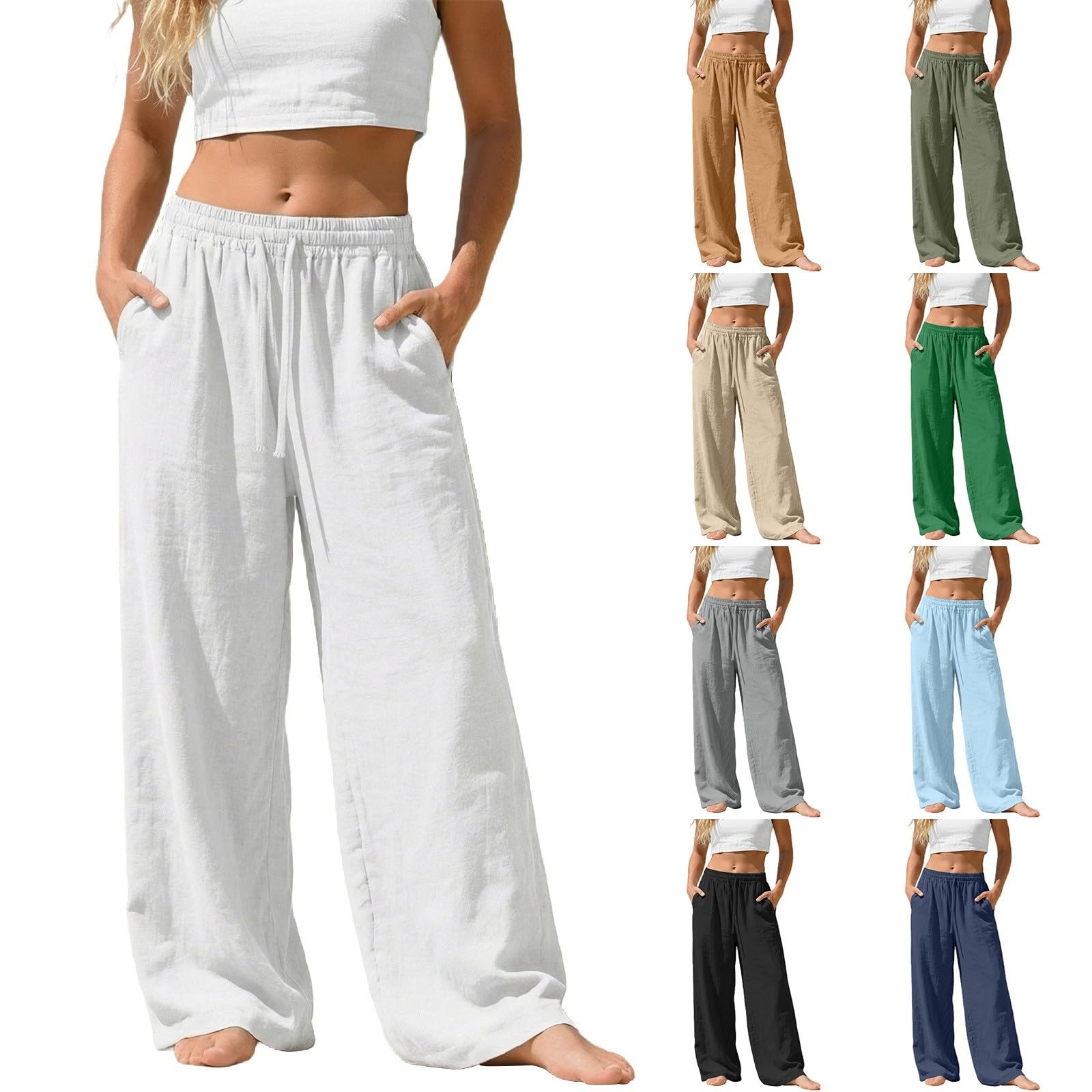 Générique Pantalon Fluide Femme Lin Été Pants avec Poches Chic Et Elegant Jogging Large De Plage Leger Respirant Pantalons Femmes Décontracté avec Cordon De Serrage Ample