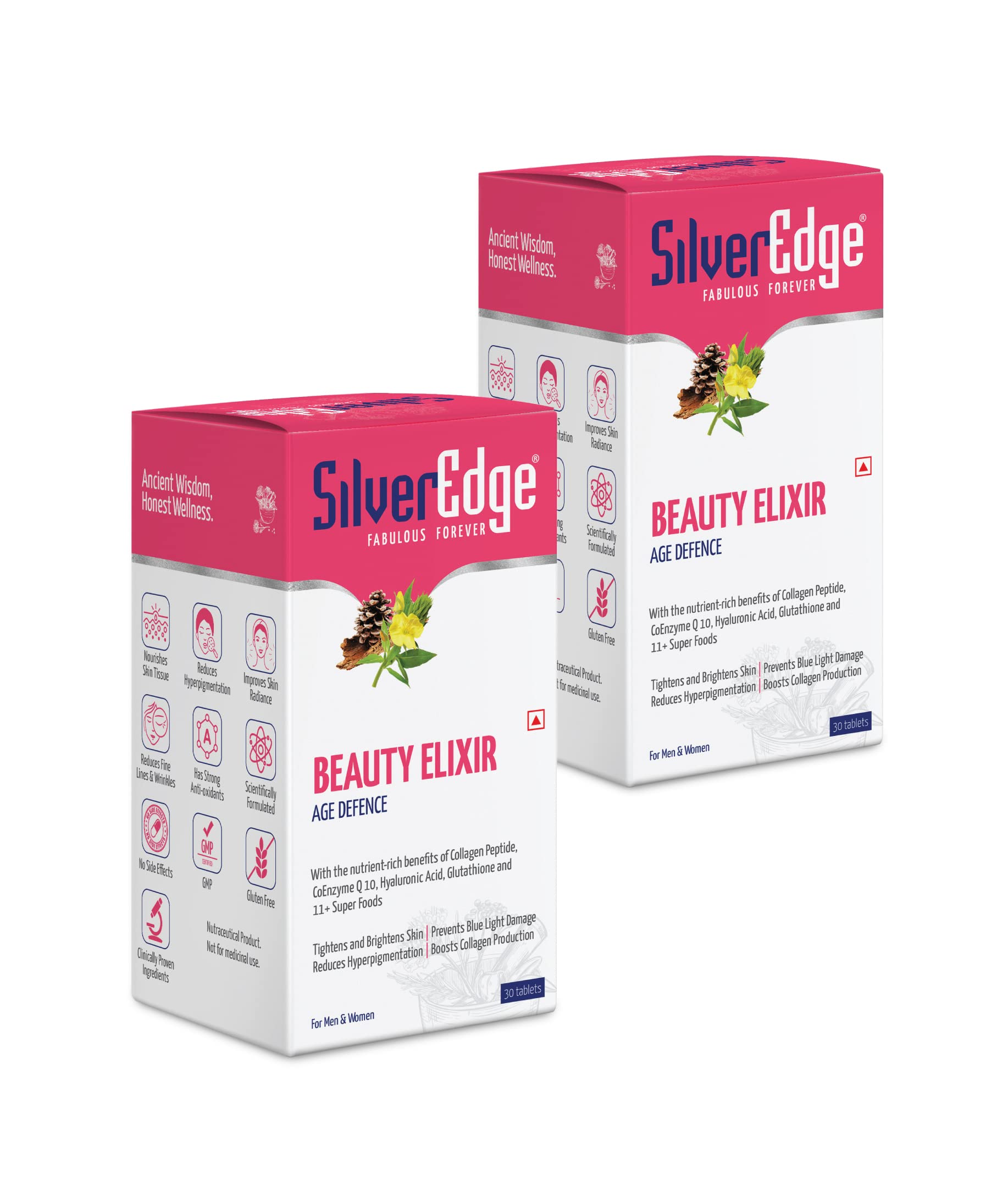 SilverEdge Beauty Elixir | Glowing Skin & AntiAging Capsules For Women (30) | Keeps skin healthy, hydrated & Improves Blood Circulation I Infused With Collagen, Vitamin C & hyaluronic Acid (Pack of 2)