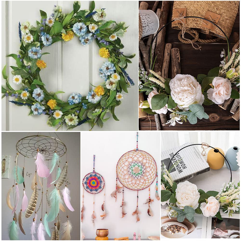 PRITOK Lot 6 Anneaux Métal 30 Cm + 6 Supports Bois Noir – Cercle Couronne DIY Fleurs Mariage Décoration Table Artisanat