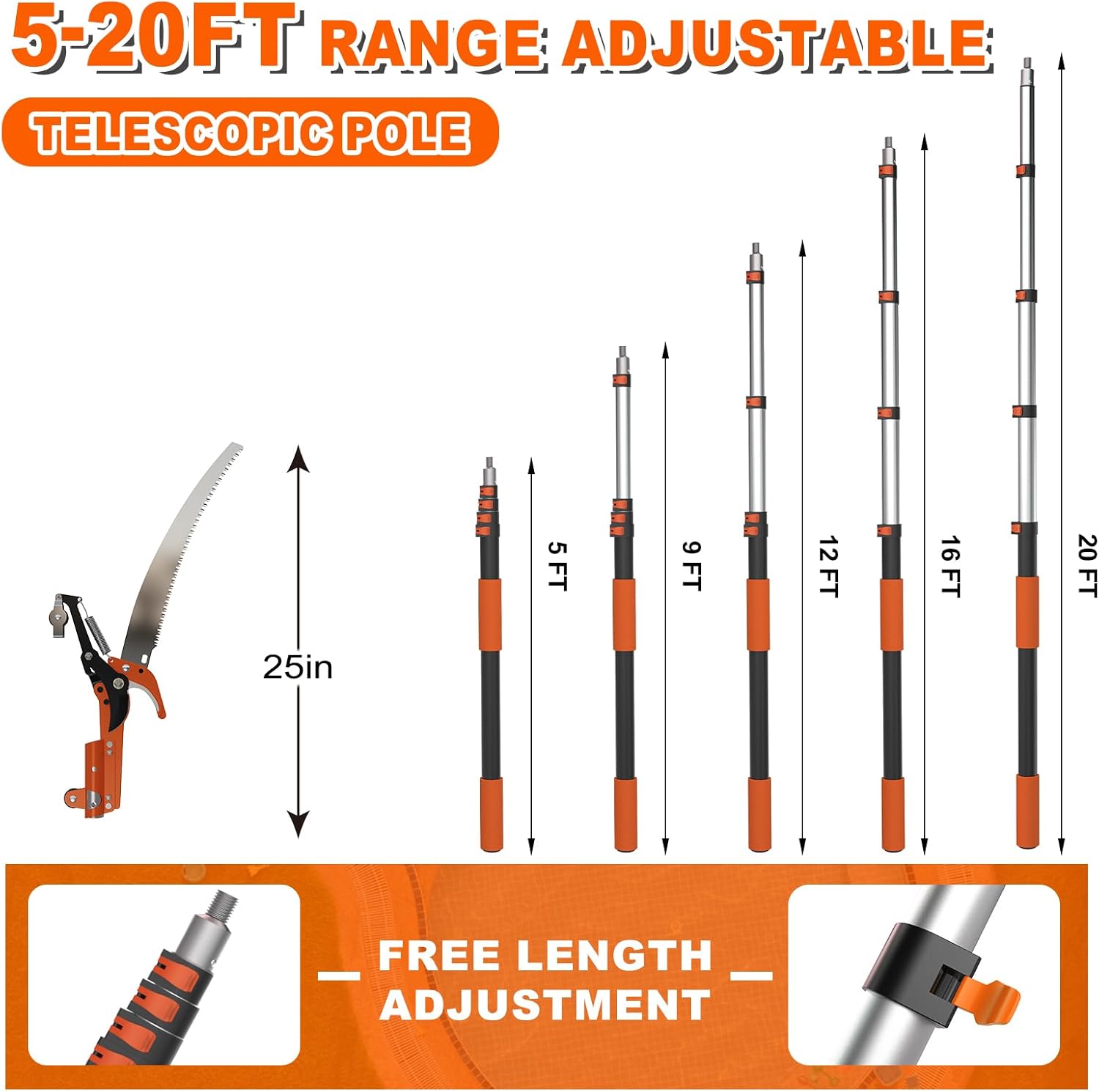 26FT Reach Tree Trimmer, Telescoping Pole Saw with 5-20FT Extension Pole, Manual Tree Pruner Extendable for Yard, Garden, Patios
