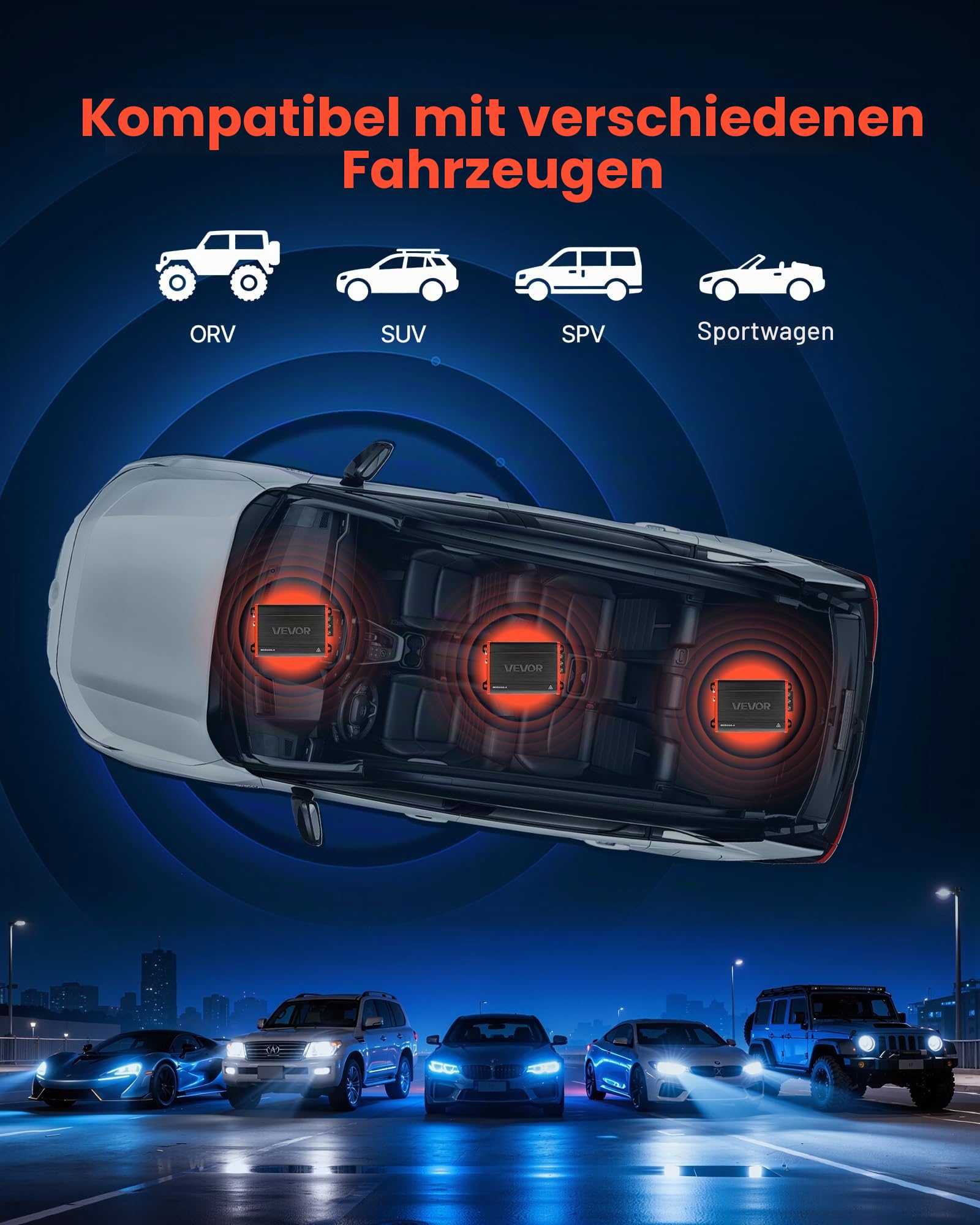 VEVOR Autoverstärker 4-Kanal, Endstufe Klasse D Überbrückbar, Max. 4 x 120 W an 4 Ohm / 4 x 200 W an 2 Ohm, Hochleistungsverstärker für SUVs Pickups Geländewagen Mehrkanal-Audioverstärker