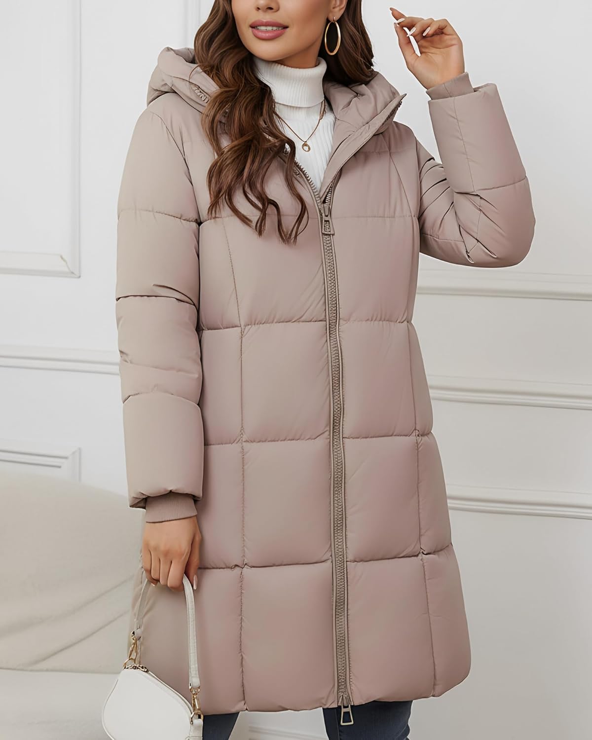 Women's Hooded Long Puffer Coat Winter Warm Full Zip Lightweight Quilted Jacket with Pockets - Image 4