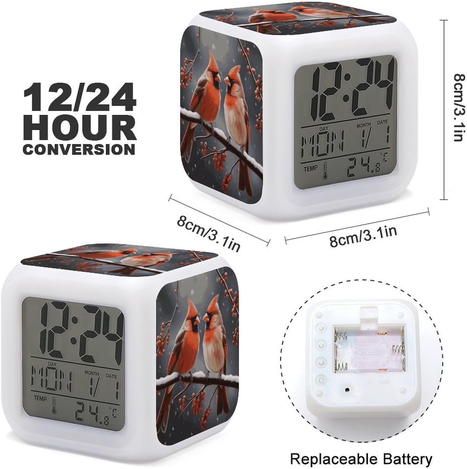 Cute Cardinal Birds Alarm Clock Night Light Alarms for Bedroom Smart Digital Alarm Clock LED Display Clocks with 7 Colorful Ambient Lights Sleep Timer for Heavy Sleepers Simple Operation image 3