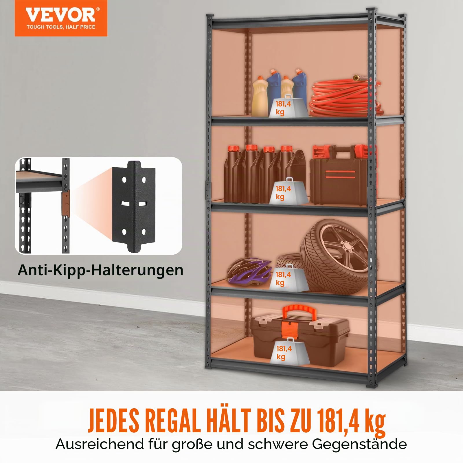 VEVOR Lagerregal 907,2kg Gesamtladekapazität 181,4kg pro Regal Kellerregal SPCC-Kohlenstoffstahl + MDF-Platten Steckregal 90x45x182,88cm Werkstattregal Schwerlastregal Kellerregal Regal Verstellbar