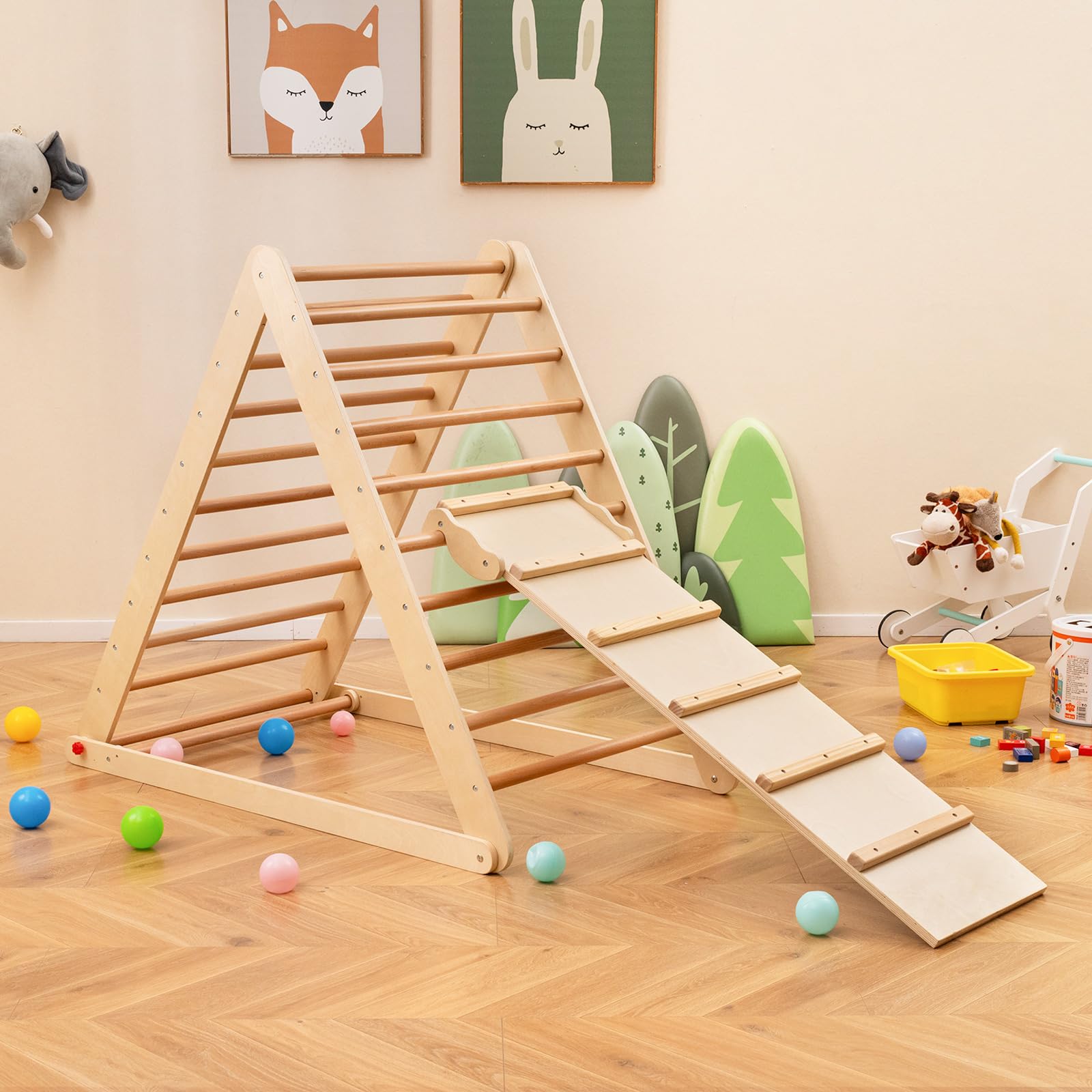 DREAMADE Kletterdreieck mit Rampe, klappbar Kletterspielzeug Holzdreieck aus Massivholz, Indoor Klettergerüst für Kinder ab 3 Jahren (Natur)