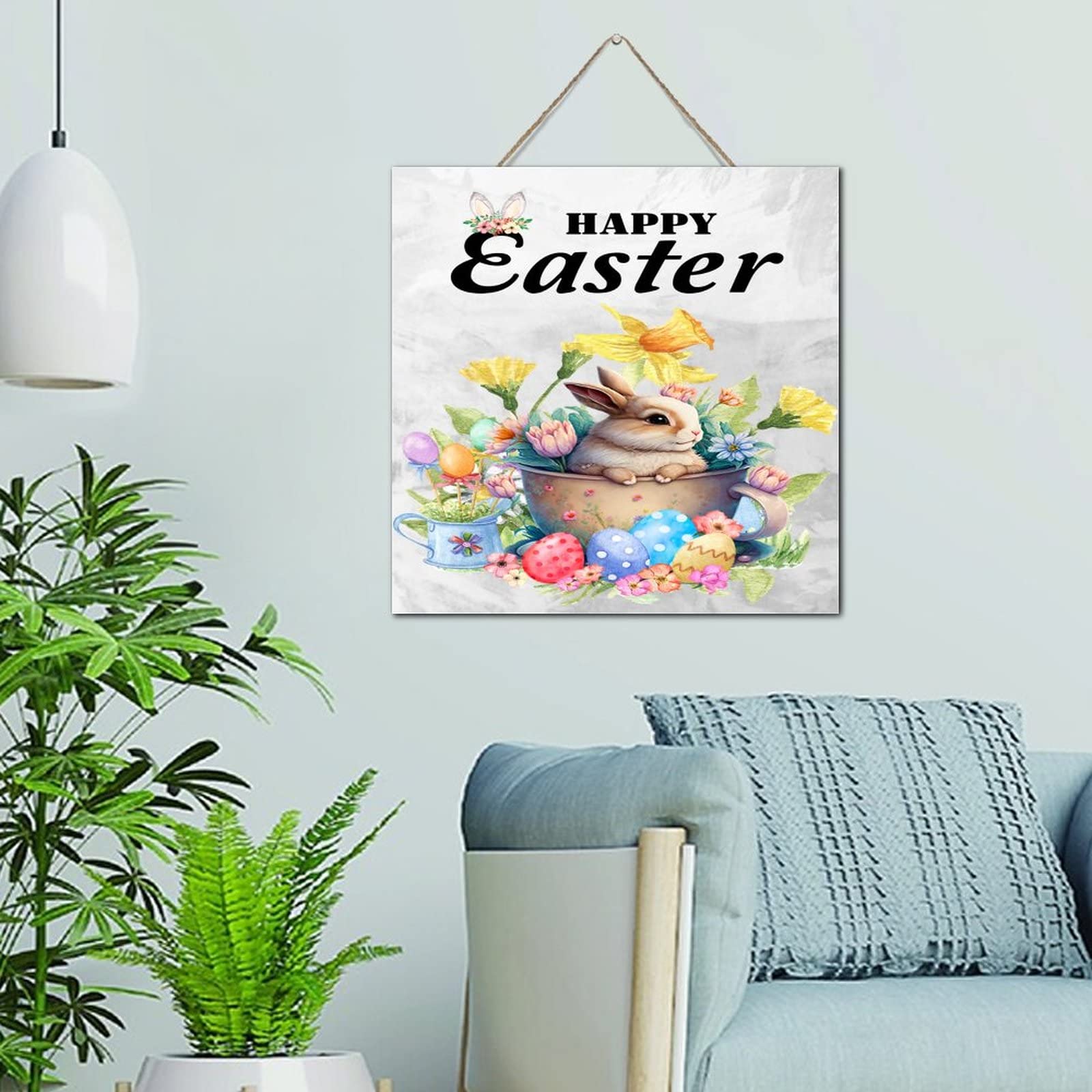 Plaque murale Happy Easter lapin bois suspension Pâques 30cm - 6