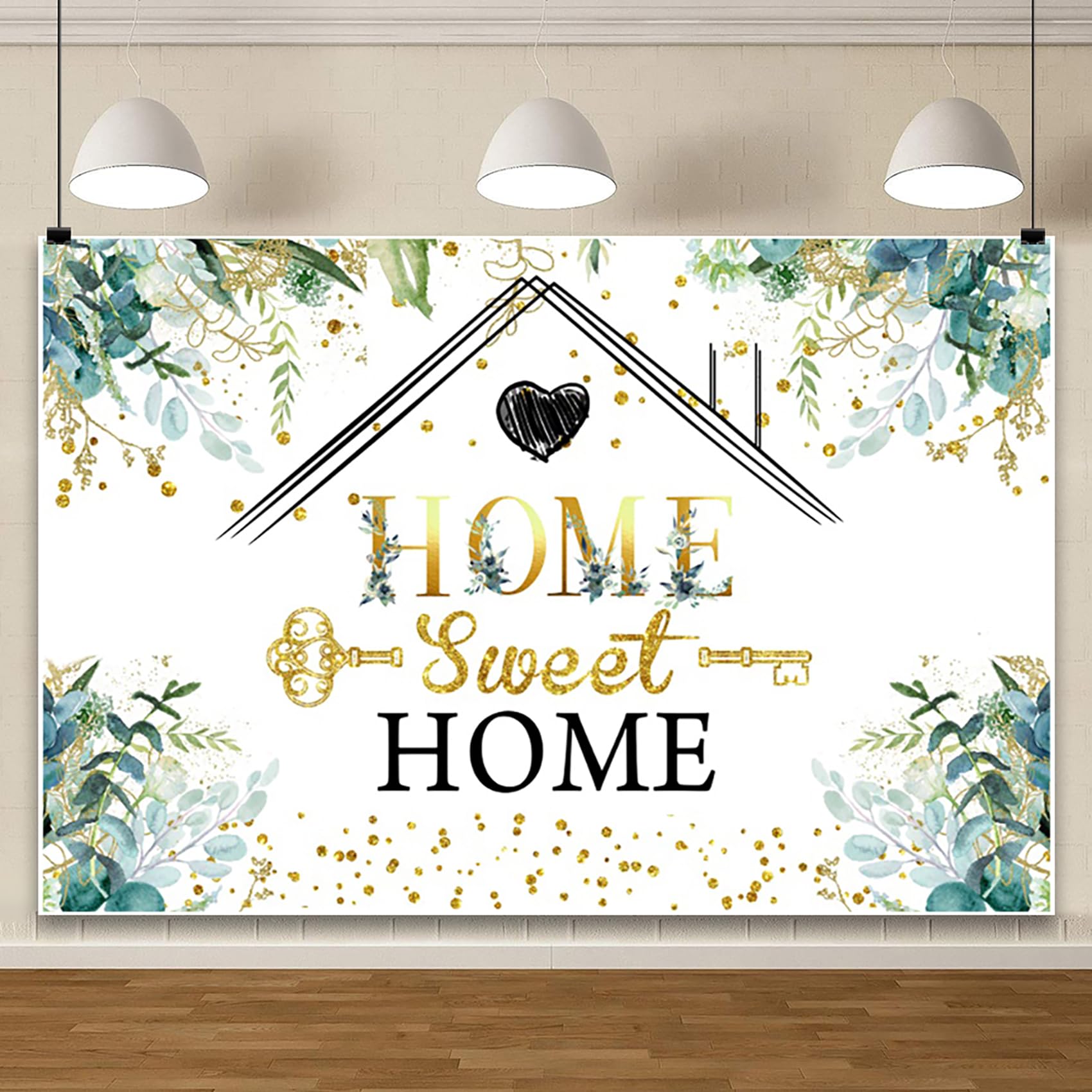 AOFOTO Home Sweet Home Backdrop for Housewarming Green Leaves Key House Printed Photography Background Rustic New House Party Banner Home Decor Wall Photo Studio Booth Props 7x5ft