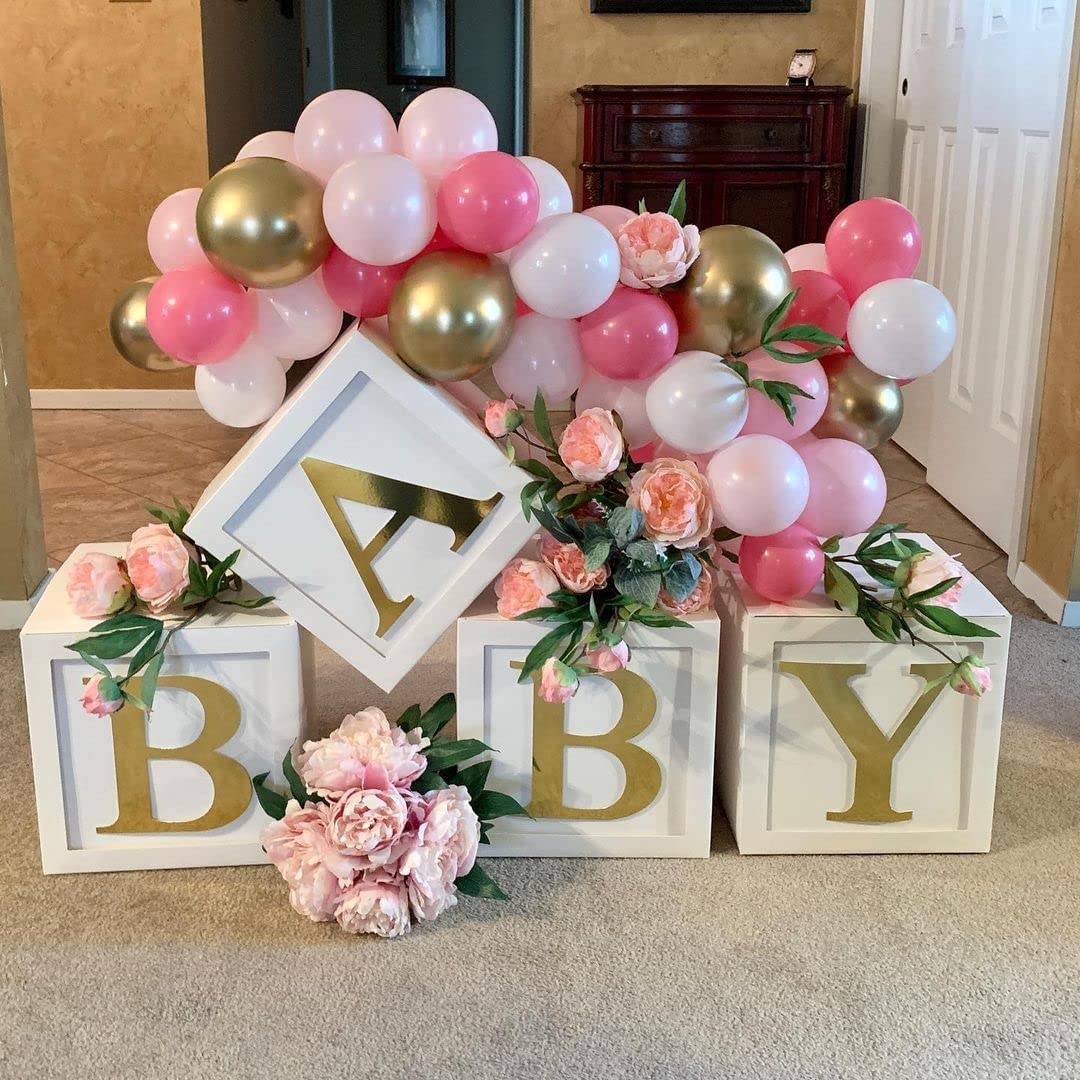 Cajas Decorativas Baby Shower Para Niños o Niñas, 4 Cajas Blancas para Baby con 30 Letras Para Baby Shower, Decoración Cumpleaños, Bautizo, Decoración de Fondo