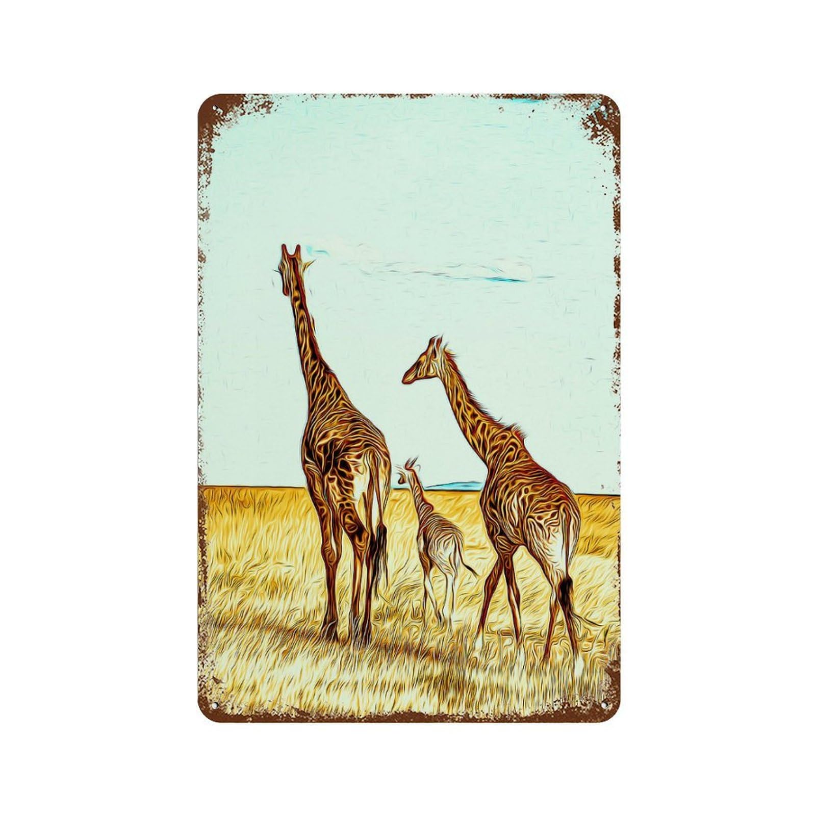 Giraffe 11.8"x7.9" Weathered Tin Sign, Shabby Chic Decor for Farmhouse, Kitchen And Entryway Decor