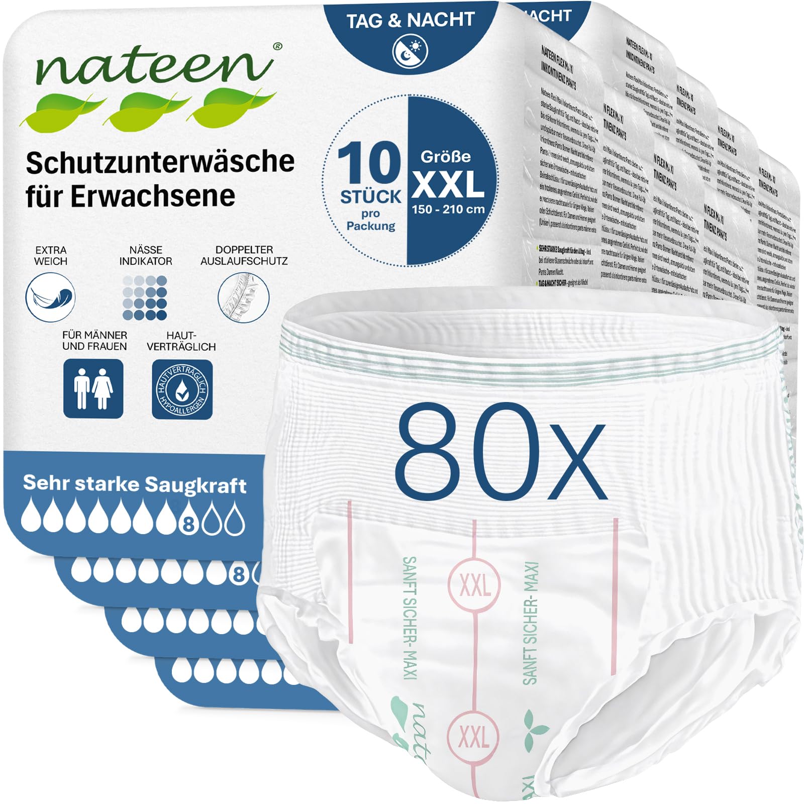 Nateen Flexi Maxi Windelhosen für Frauen und Männer – saugstarke Windeln für Erwachsene mit sicherem Auslaufschutz und atmungsaktivem Komfort, Inkontinenz Pants Tag & Nacht, XXL, 80 Stück