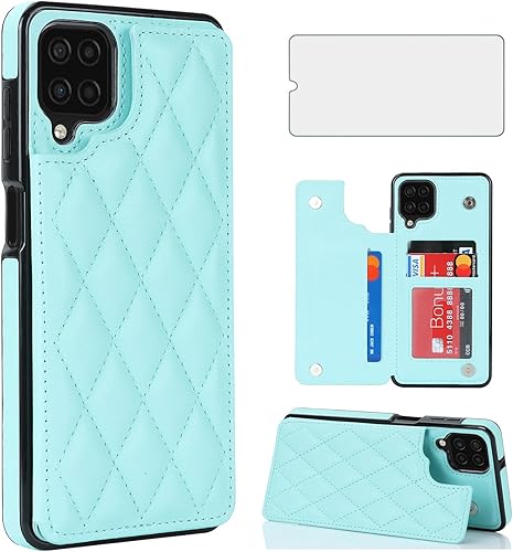 Asuwish Funda de teléfono para Samsung Galaxy A12M12 con protector de pantalla de vidrio templado y soporte de tarjeta de crédito RFID de cuero,