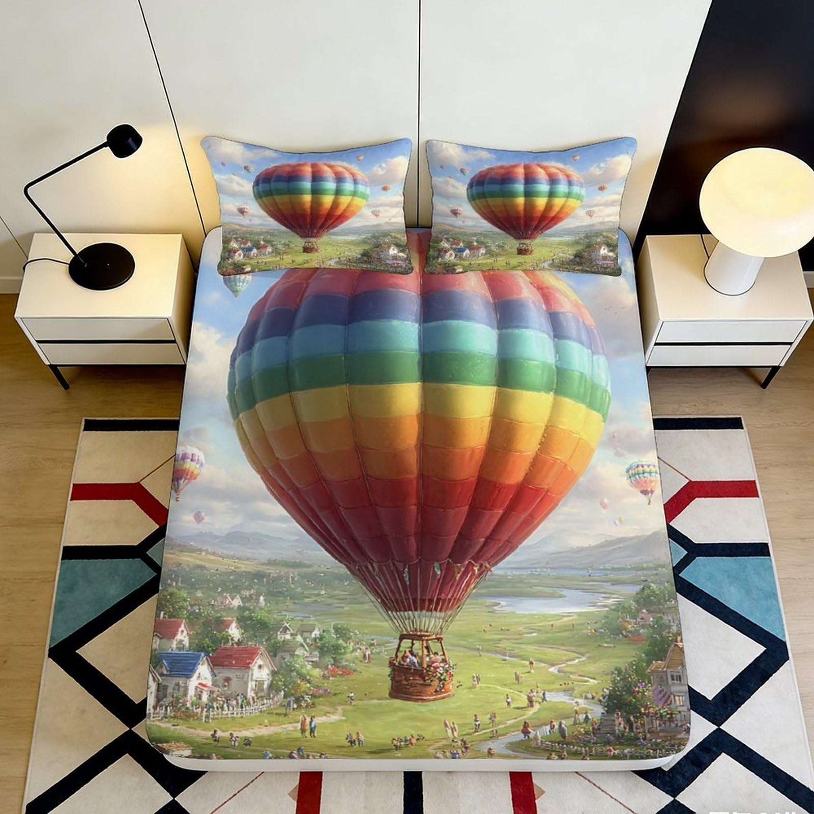 3D Printed Rainbow Hot Air Balloon Fitted Sheet Microfiber Soft Breathable Scenic Landscape Mattress Cover for Bedroom Dormitory Guest Room Mattress Protection 180x200x25cm