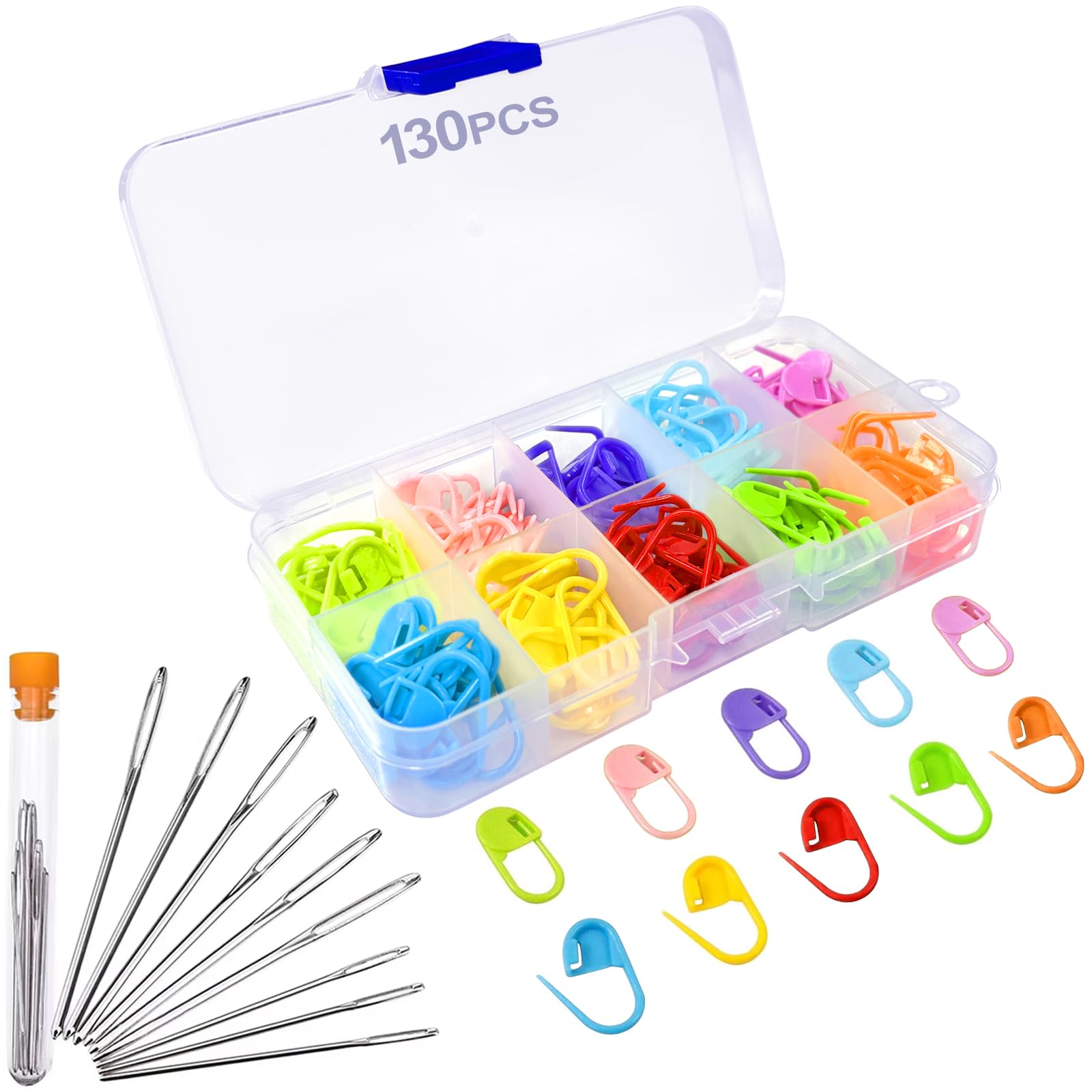 Redamancy 130 Stück Maschenmarkierer, Häkel-Maschenmarkierer Set,10 Farben Häkelklammern, 9 Stück Nähnadeln mit großem Öhr, Häkel Zubehör mit Aufbewahrungsbox, Strickmarker für Stricken, Häkeln, Nähen