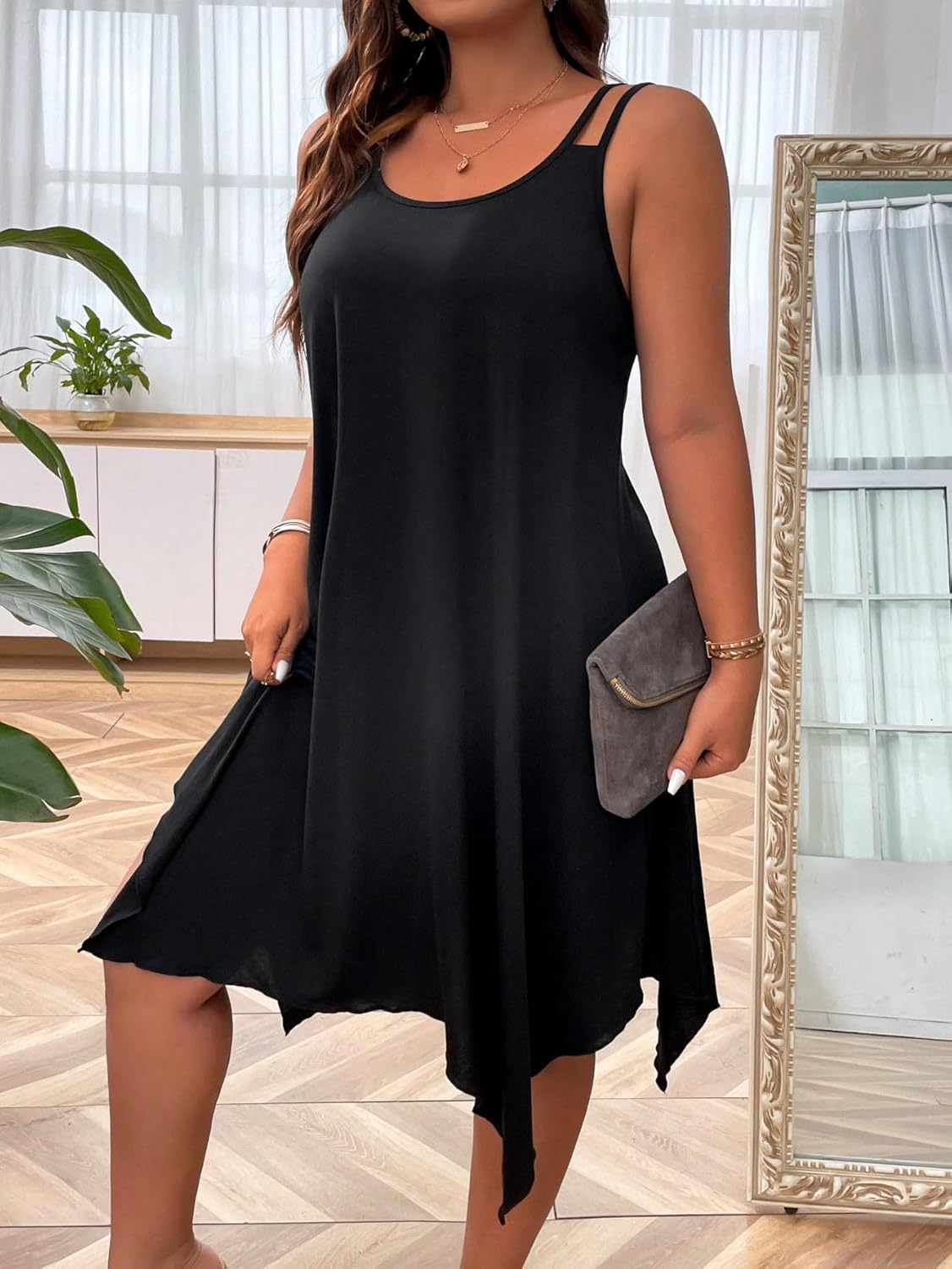 OYOANGLE Women's Plus Size Scoop Neck Sleeveless Asymmetrical Hem Flowy Midi Cami Dress - Image 4
