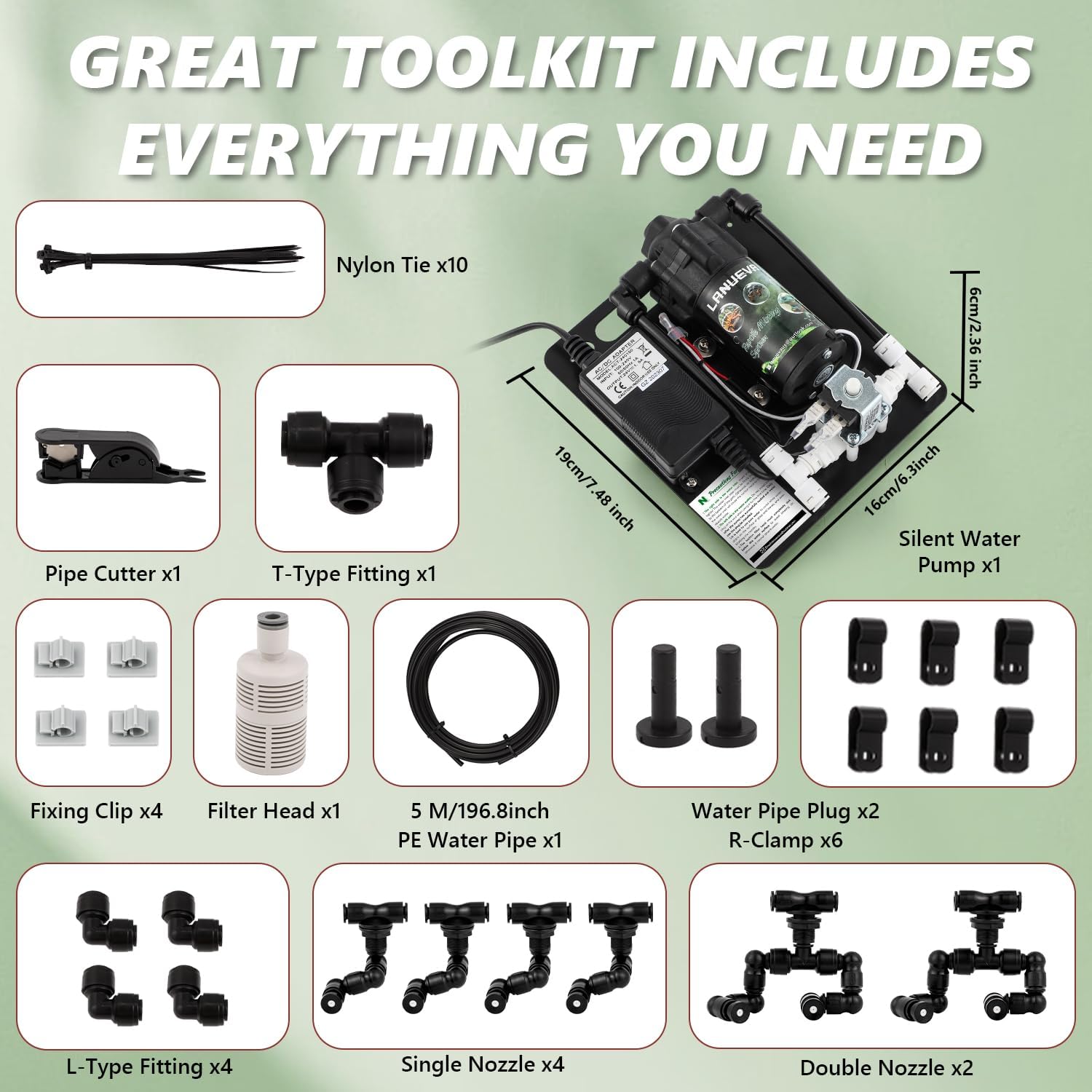 LANUEVA Reptile Humidifier, Quieter Mister Fogger for Terrarium with 4 Single Misting Nozzle + 2 Double Misting Nozzle, Reptile Mister Spray System for Reptile, Chameleon, Lizard, Snake, Frog