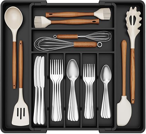 Lifewit Organizador de cajones de cubiertos expandible, bandeja de cubiertos ajustable de 16.7 pulgadas de profundidad para cocina, cubiertos de