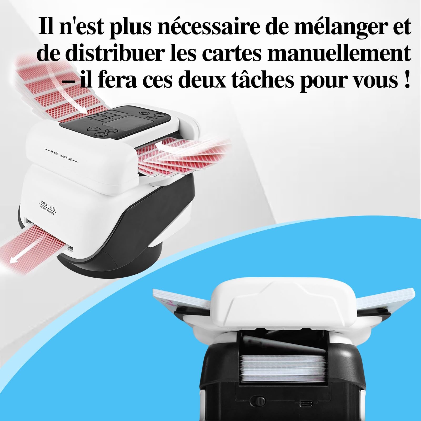 2 en 1 Distribuidor y barajador automático, Giro 360° para 1–2 Barajas, 1–8 Jugadores, Recargable, para Póker, Blackjack, UNO y Texas Hold'em, con Modo de Juego Personalizable