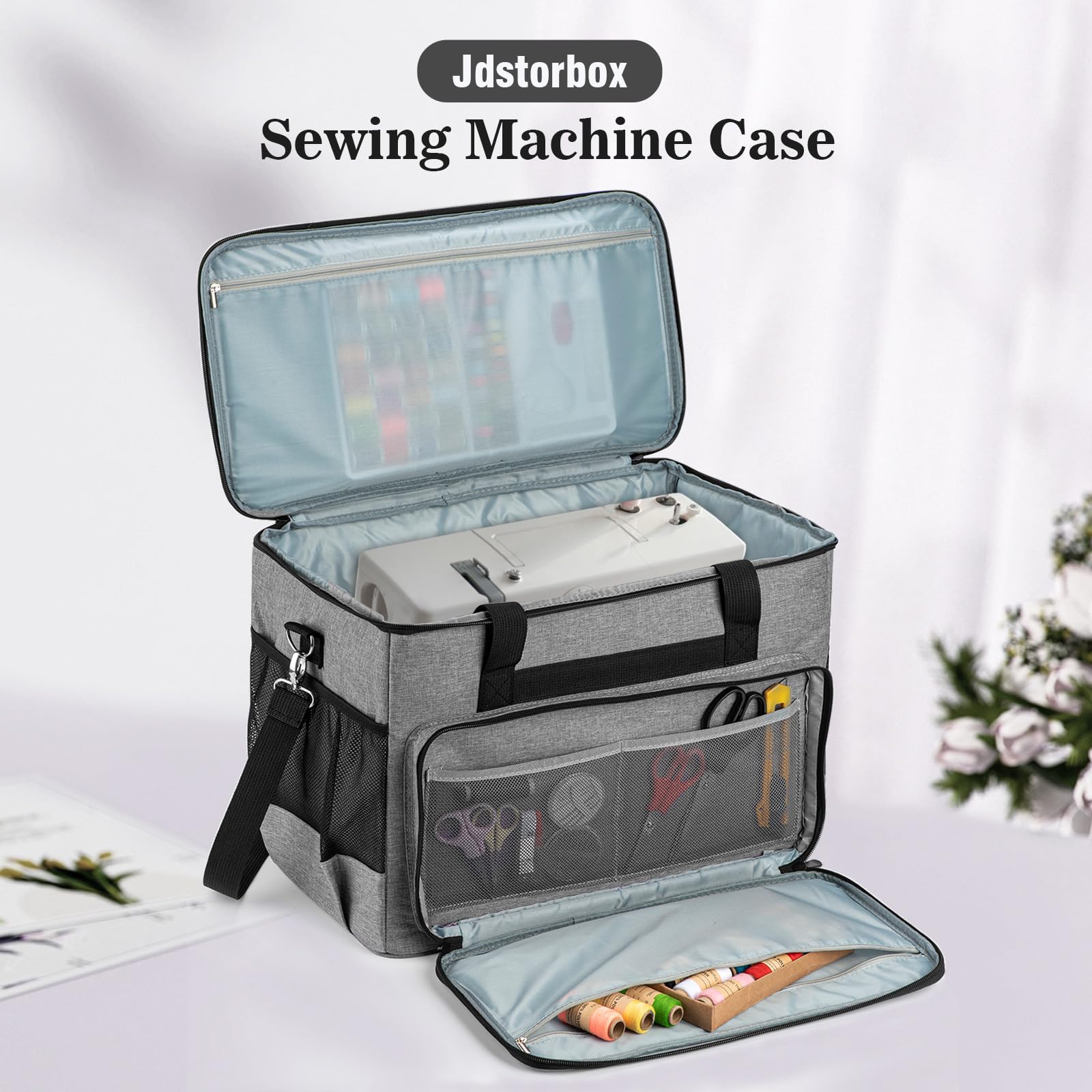 Jdstorbox Sewing Machine Carrying Case,Sewing Accessories Organizer With Removable Padding,Tote Bag With Multiple Storage Pockets?Shoulder Strap,Craft Supplies Organizer,Travel Bag (Grey)
