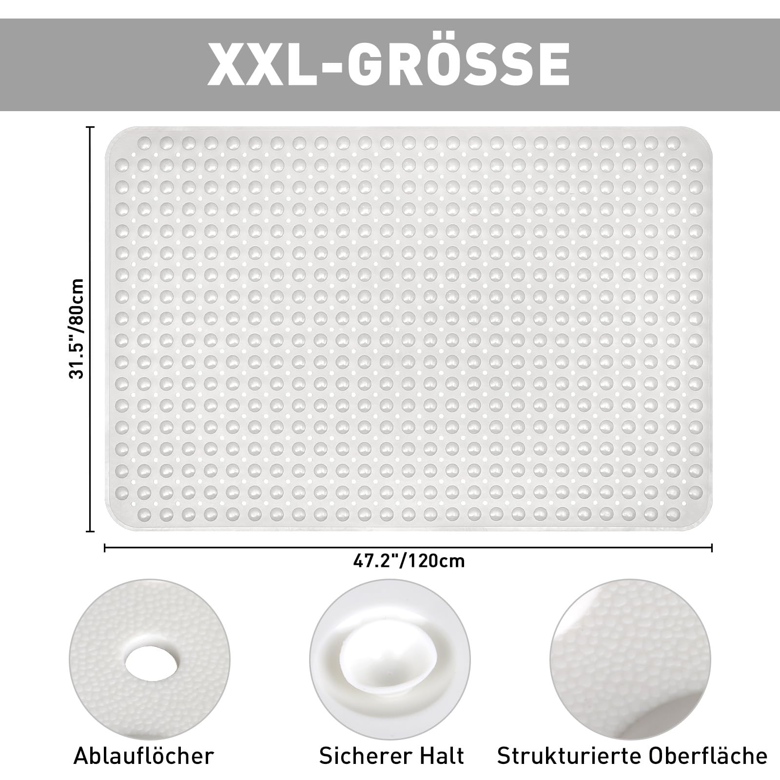 Alfombrilla de ducha grande antideslizante, 80 x 120 cm: suave TPE con orificios de drenaje y ventosas, alfombrilla antideslizante para ducha, lavable a máquina, antibacteriana, resistente al