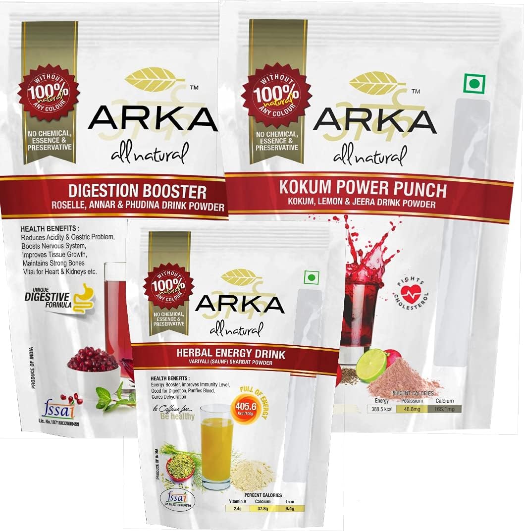 Arka All Natural Combo Pk Of 3 Digestion Booster(215g) + Kokum Power Punch(215g) + Herbal Energy Drink Powder(150g) Health & Nutritional Instant Drink Powder Mix