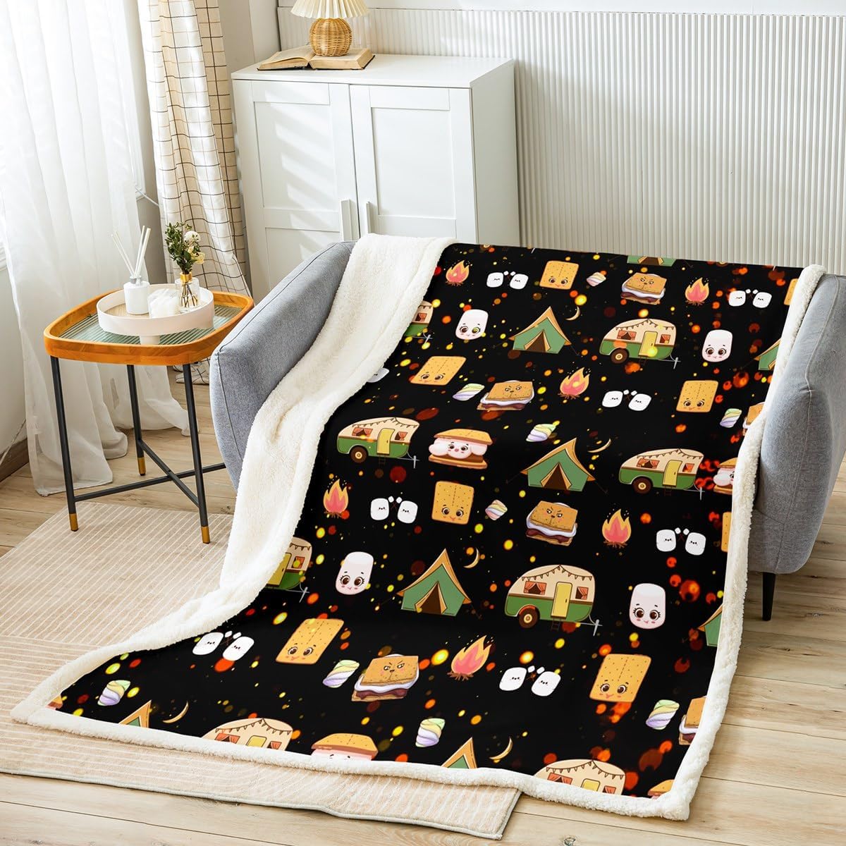 Cute S'Mores Fleece Throw Blanket Twin 60"x80" Kids Marshmallow Plush Blanket for Bed Sofa Couch Boys Teens Happy Camping Sherpa Blanket Outdoor Adventure Fuzzy Blanket