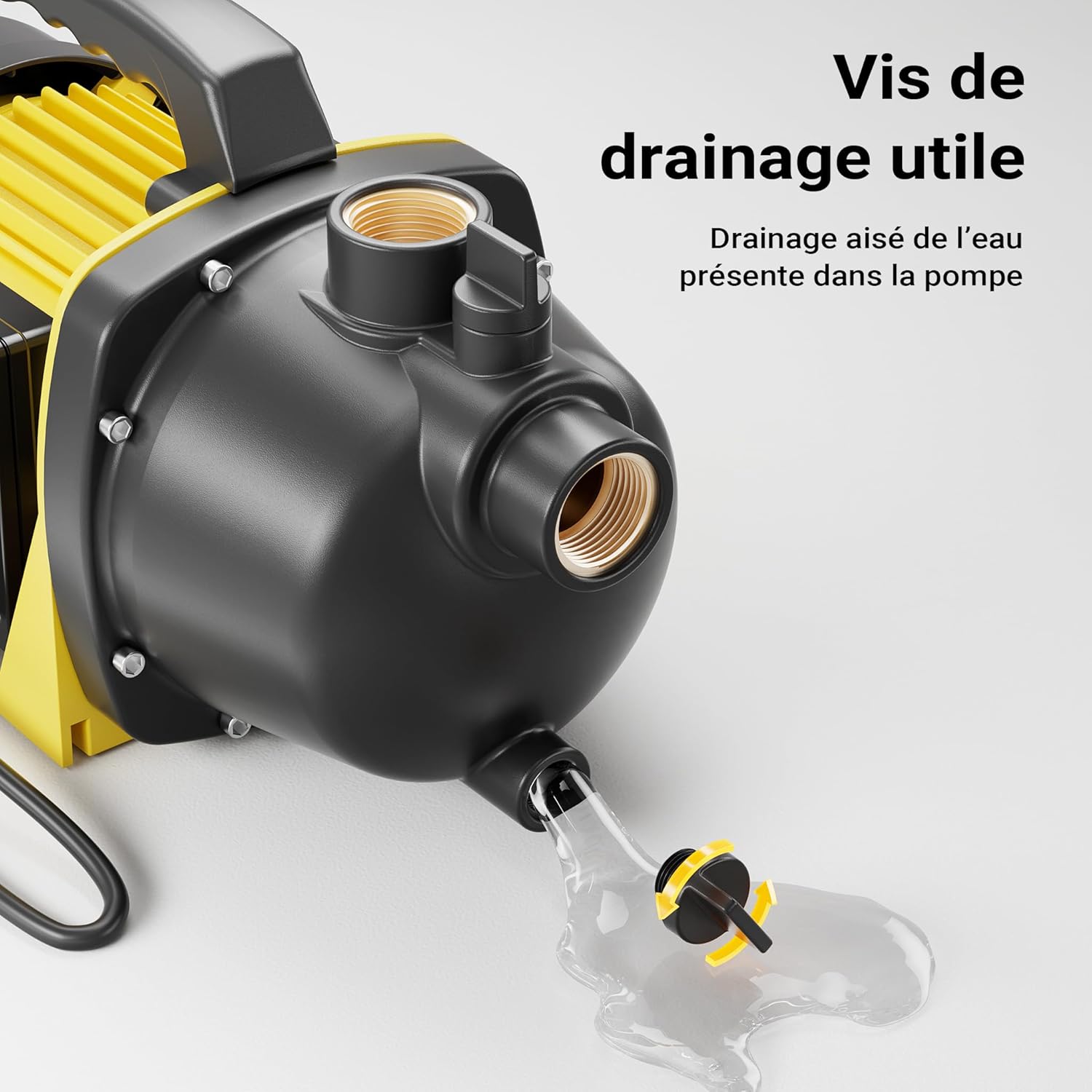 Close-up of the Wiltec Garden Pump showing the drainage screw being opened to release water