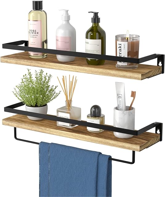 AMADA HOMEFURNISHING Floating Shelves, Rustic Wall Shelves Set of 2 with Length 42cm, Removable Towel Holder, Wall Mounted Shelves for Bathroom, Living Room, Bedroom, Kitchen