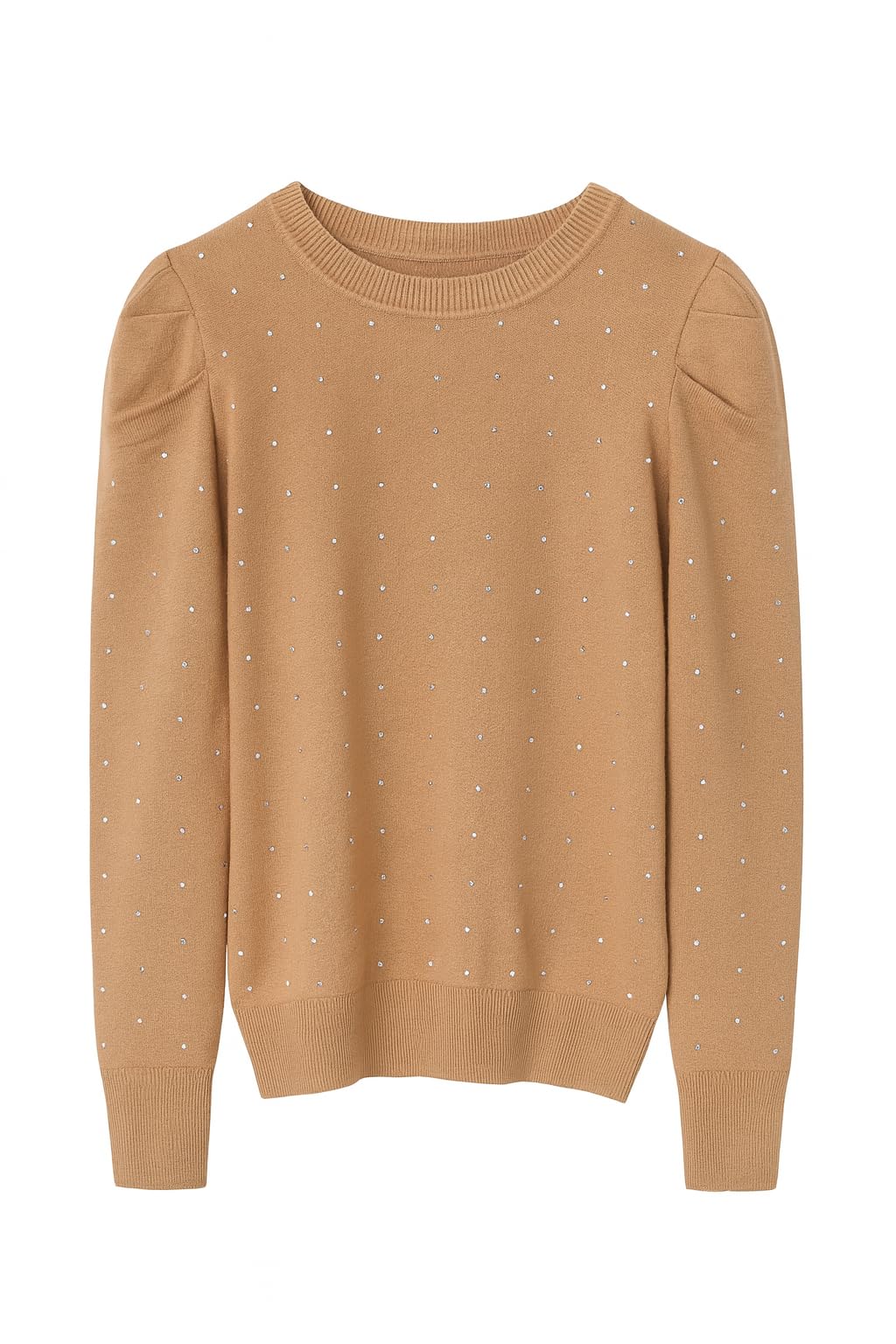 Womens Embellished Sweater Cream Long Sleeve Round Neck Sparkle Star Detail Ribbed Trim