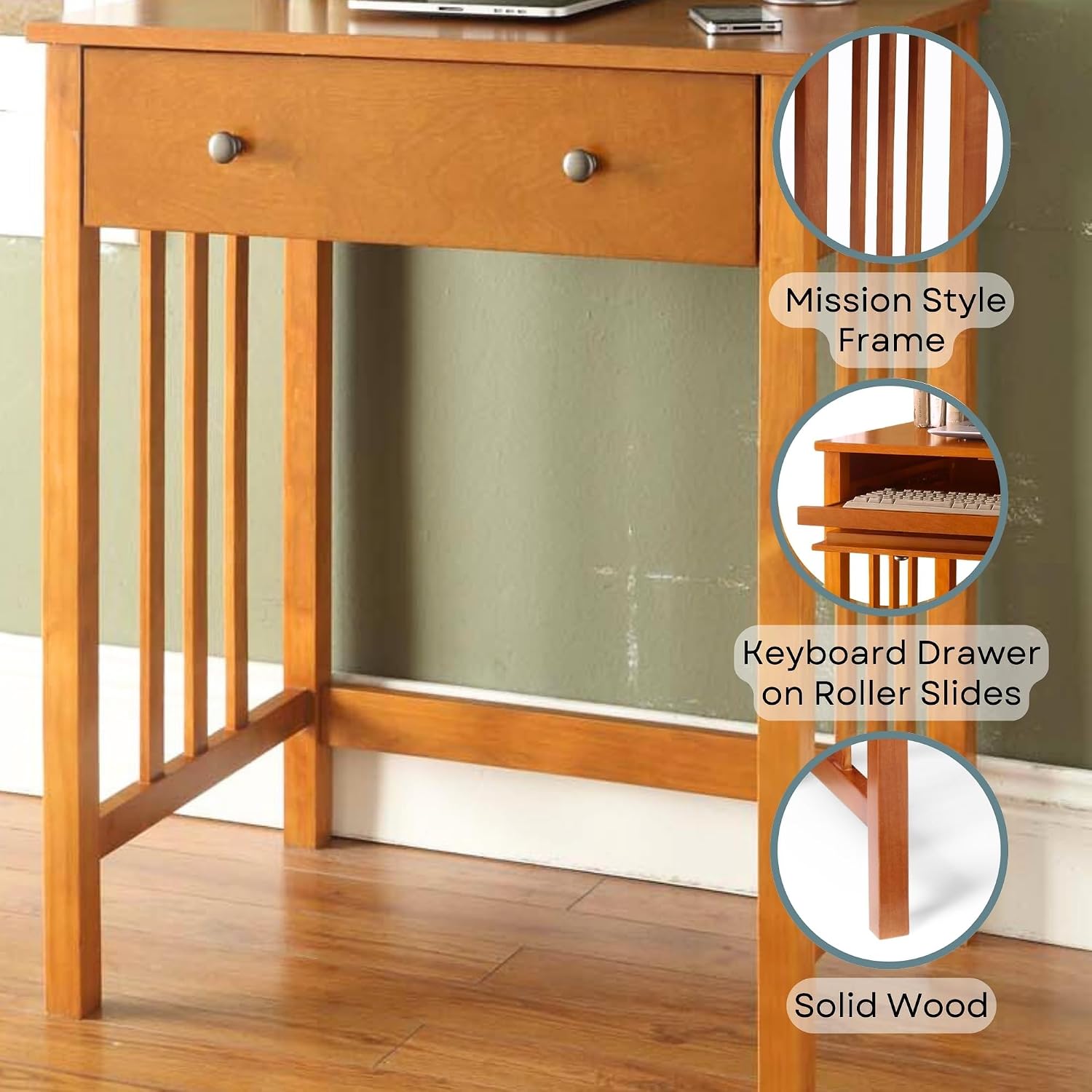 Pemberly Row Birch Wood Home Office Desk, Oak Brown Finish, 30" H x 26" W x 18" D, Mission Style with Sliding Keyboard Tray, Compact Computer Desk for Bedroom or Workspace Use