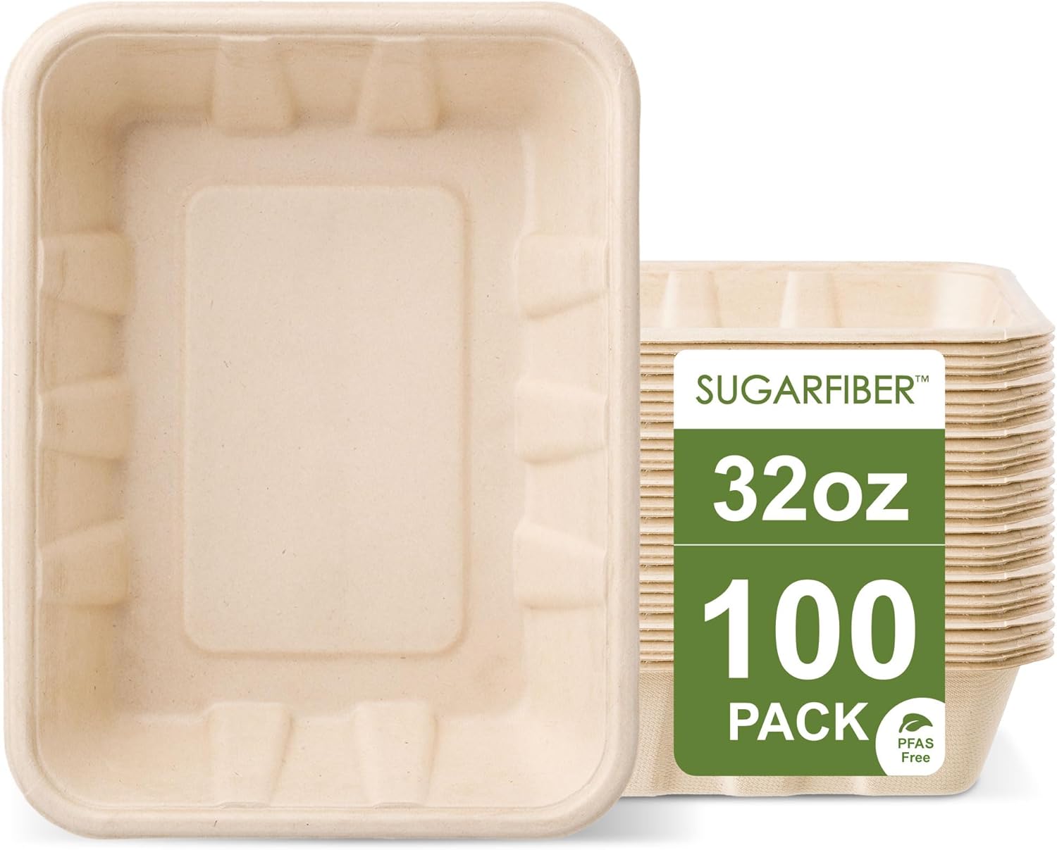 [100 COUNT]Harvest Pack 32 oz PFAS FREE Disposable Food Trays, 8.49″ x 6.45″ x 1.86″Compostable Food Container Bagasse Serving Trays, from Sugarcane Eco-Friendly Plant Fibers, No Lids included