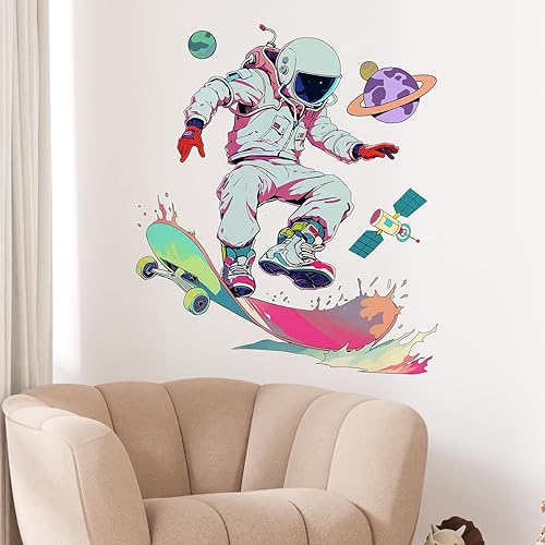 Miniatura 3 de Calcomanía de pared de astronauta de patinadora genial, calcomanía de pared para niños y niños, extraíble, despegar y pegar, arte de pared