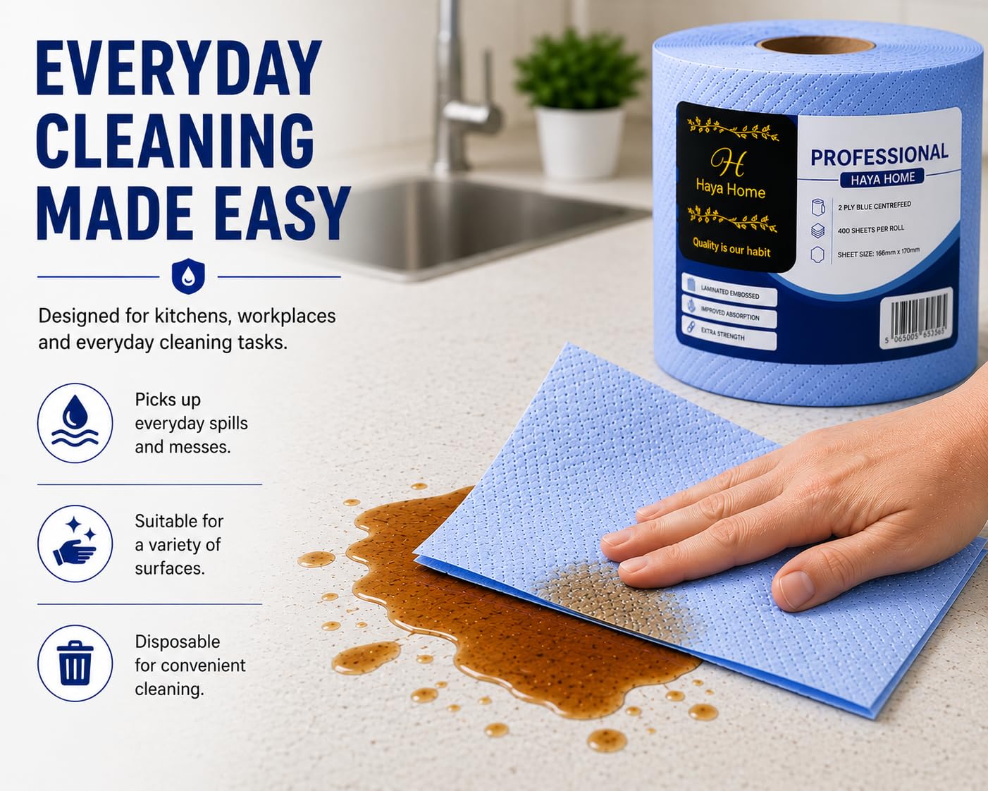 Blue Roll - Toallas de papel de alimentación central de 2 capas, papel de seda, toallitas de limpieza fuertes y absorbentes para restaurante, hogar, cocina, baño, taller, uso industrial