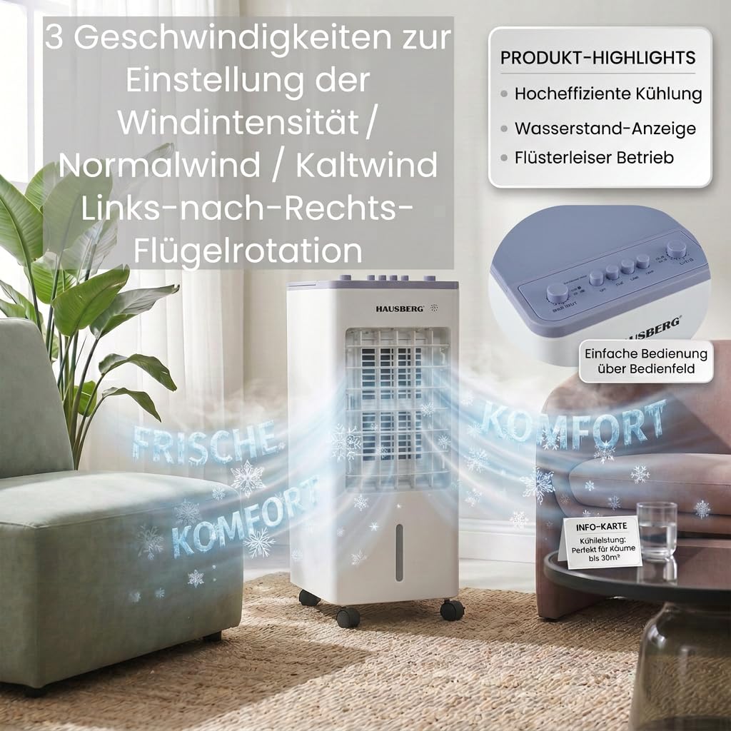 Klimagerät ohne abluftschlauch | 4 L Top Fill Wassertank | Luftkühler mit Kühlakkus - 3 Geschwindigkeiten | Mobiles Klimagerät mit Oszillation | ohne Fernbedienung
