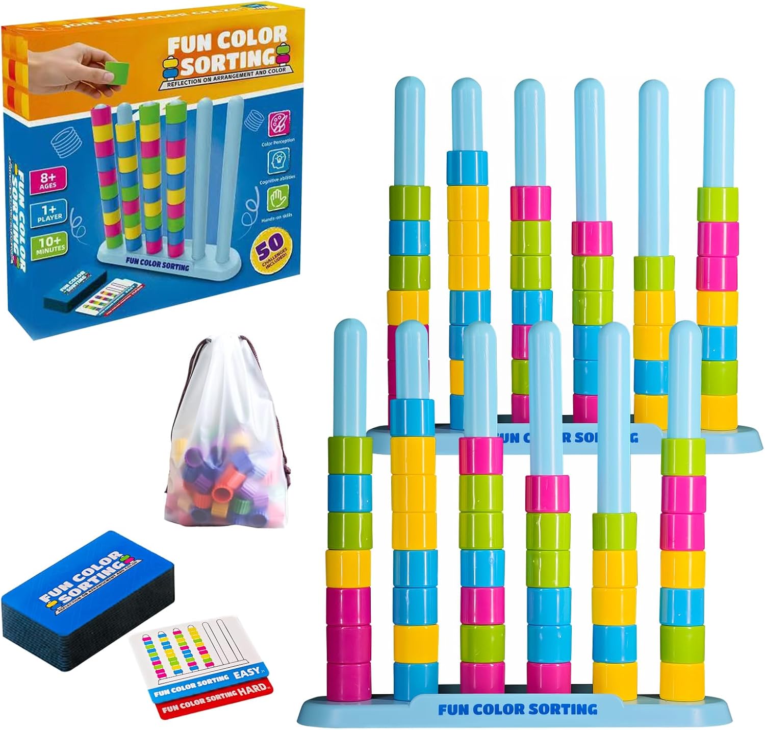 2‑Pack Color Stack Challenge Game – 50 Cards Match & 80 Rings