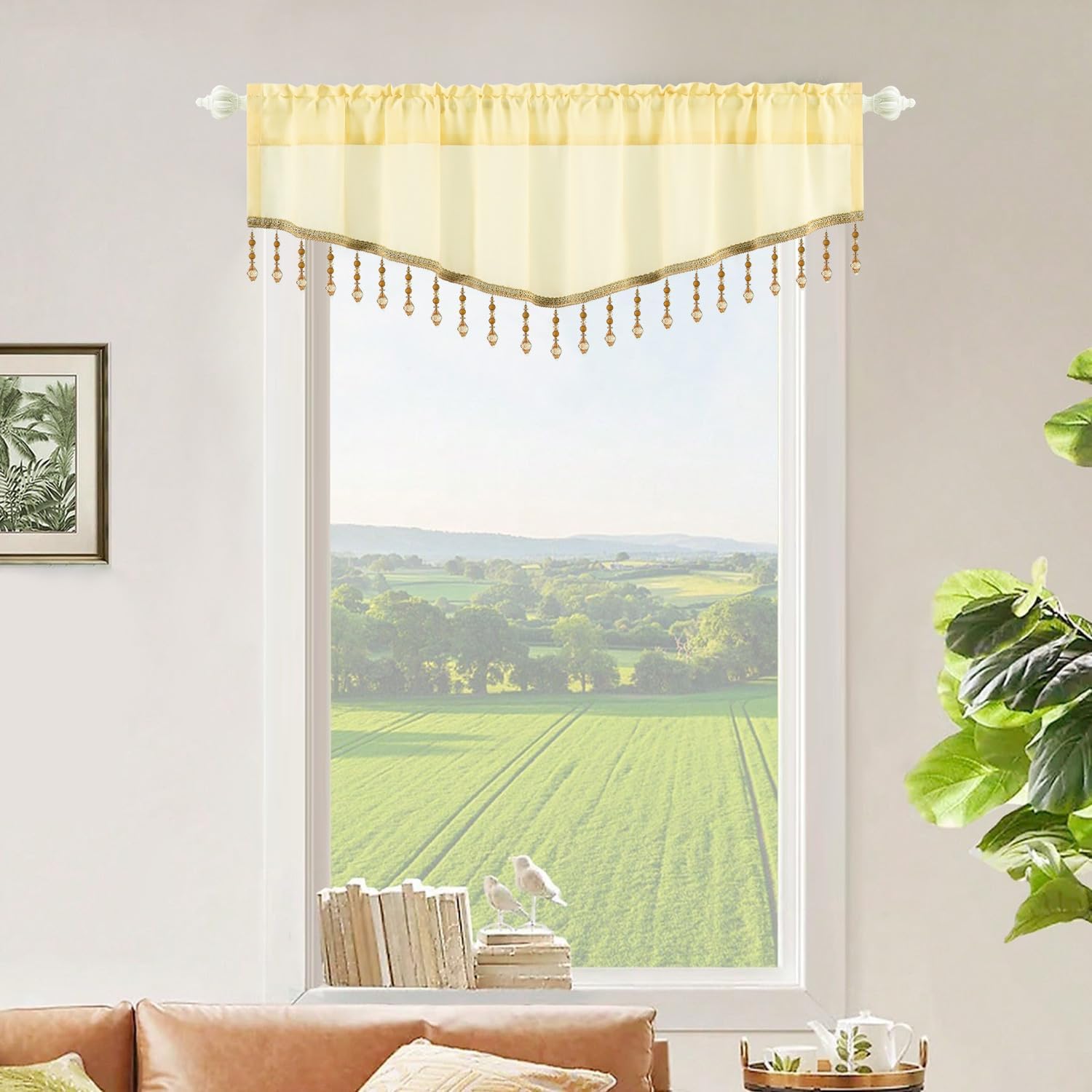 VOGOL Vintage Style Kitchen Valance, Easy Care Silky Textured Swag Valances for Dining Room, Decorative Voile Curtain Over Sink, 52x18 Inches, 1 Pack, Light Brown