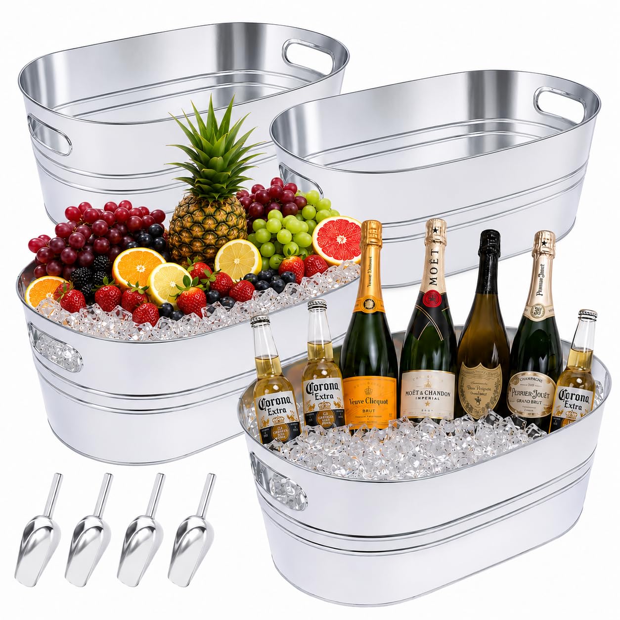 Verzinkter Eiskübel, groß, verzinkt, mit Schaufeln, Eiskübel für Partys, Mimosen, Bar, Zubehör mit Tragegriffen, Metall-Getränkewanne für Champagner, Cocktails, Bier, Getränke, Wein, 4 Stück