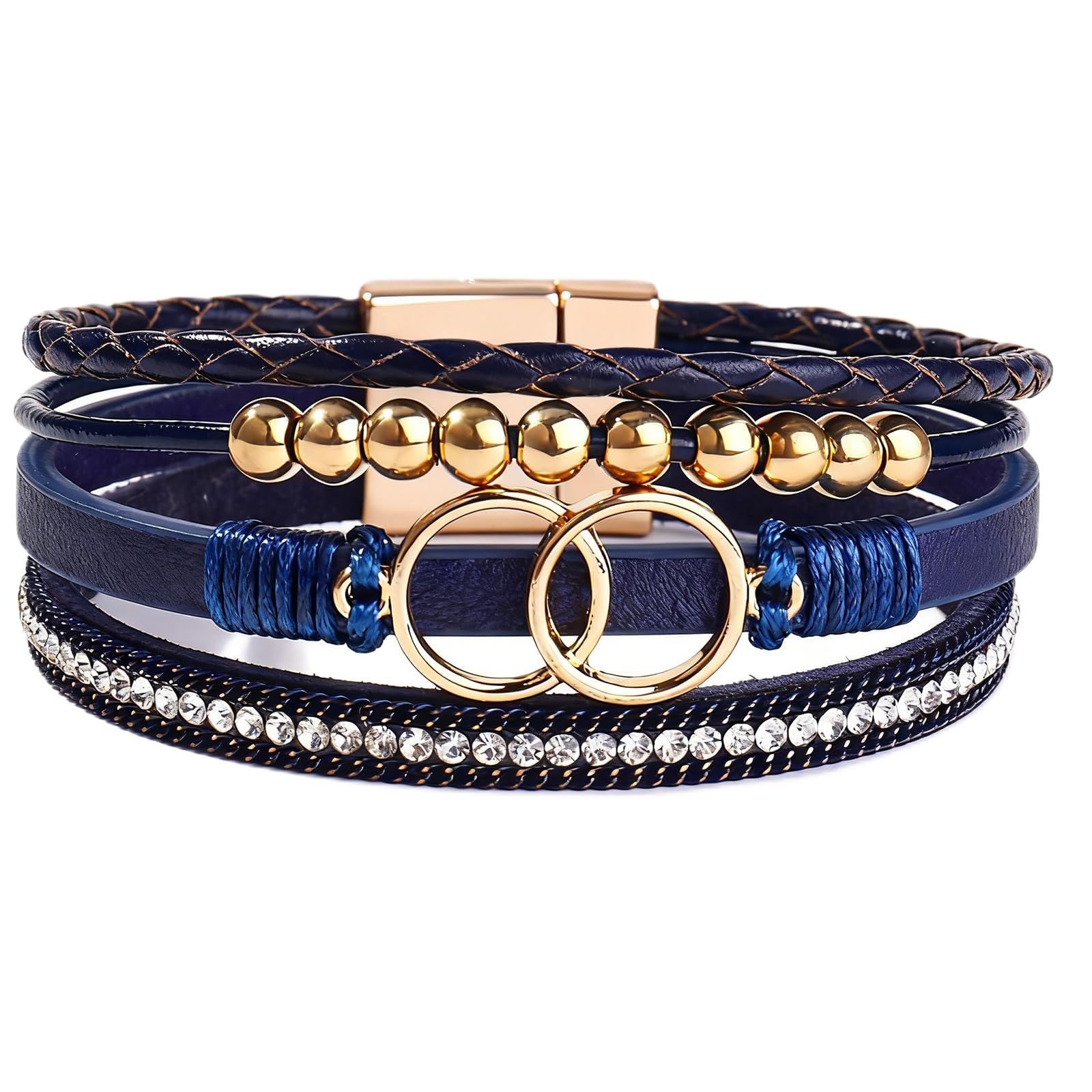 Leather Wrap Bracelets for Women, Boho Leopard Multi-Layer Crystal Beads Cuff Jewelry