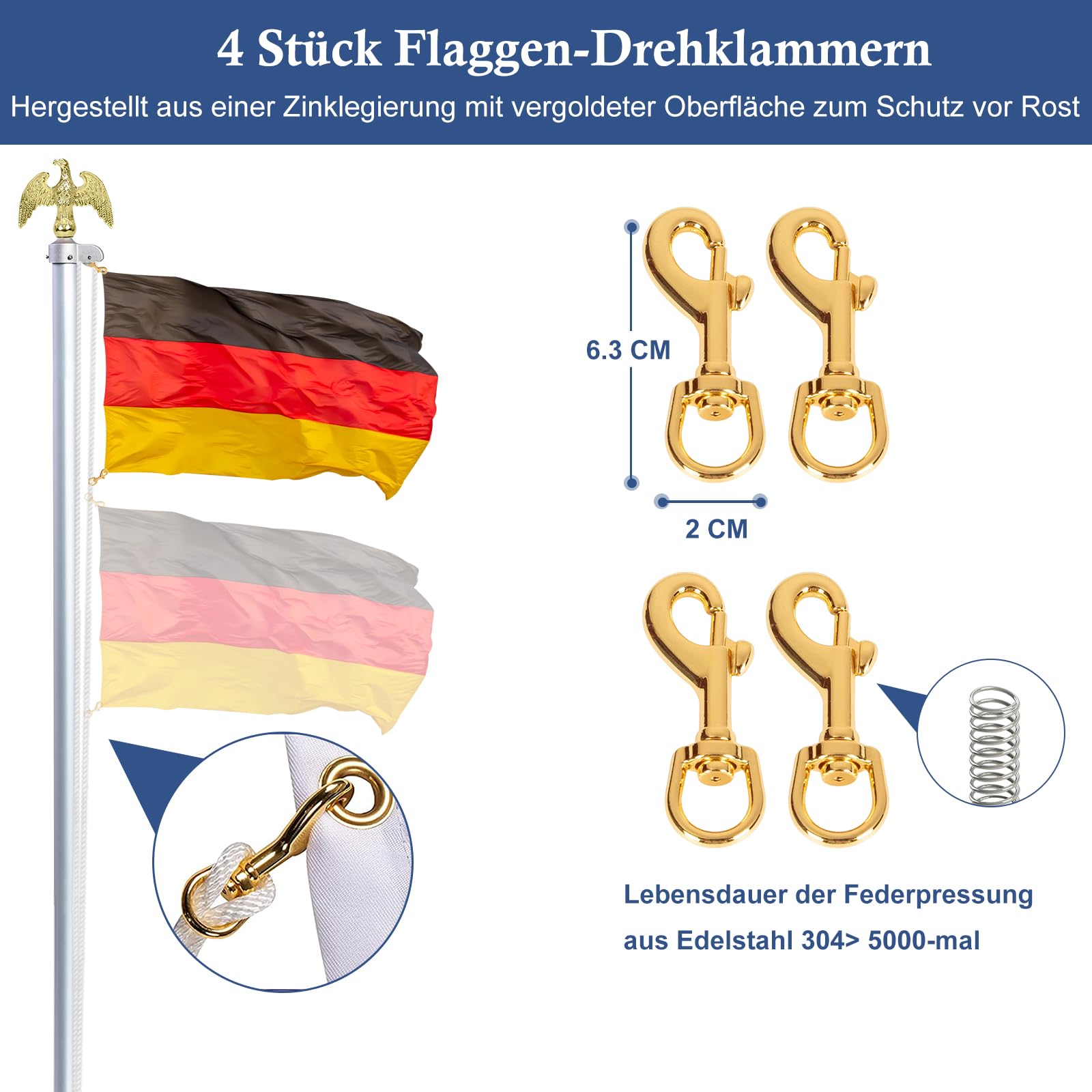 NQ Fahnenmast Zubehör Set mit Adler,Fahnenmast Reparaturset,Fahnenmast-Reparaturteile inkl.Adler,Seil,Karabiner, Klampe,Topper aus Aluminium mit Seilrolle(Gold)
