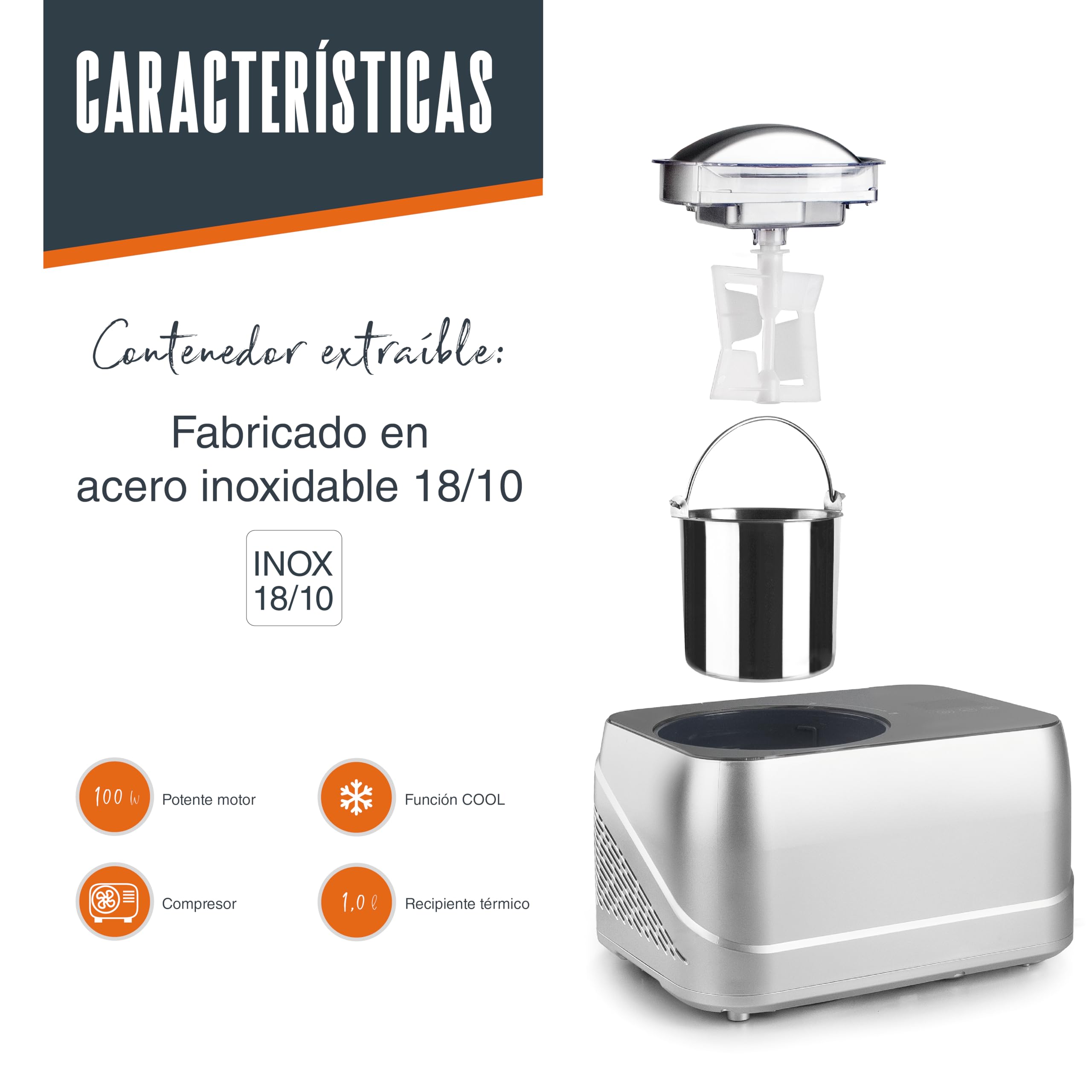Lacor 69416 - Máquina de Helado, 1 L, 100 W, con Compresor - Cocina