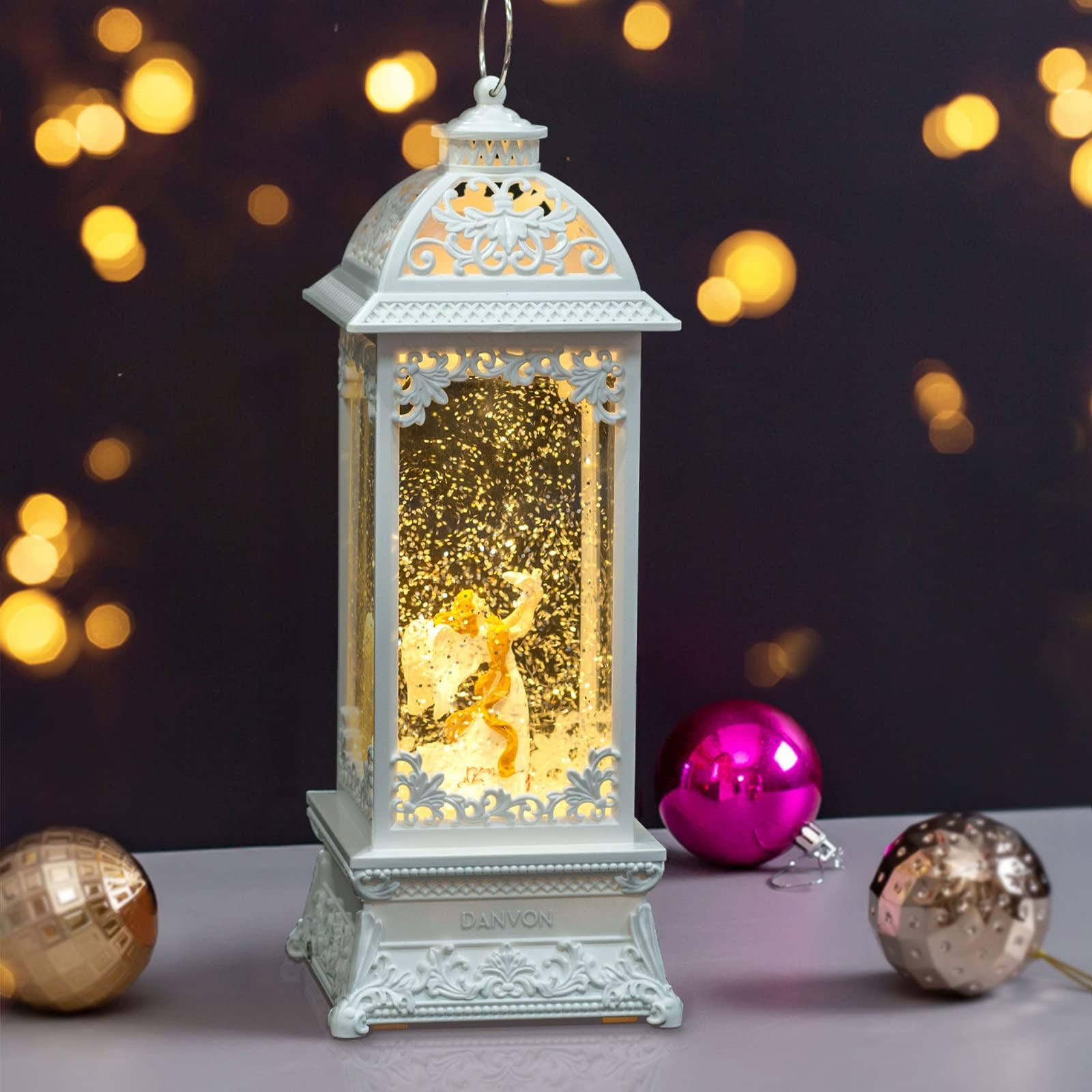 12” White Angel with The Pearl Snow Globe Lantern Lighted Box Night Light
