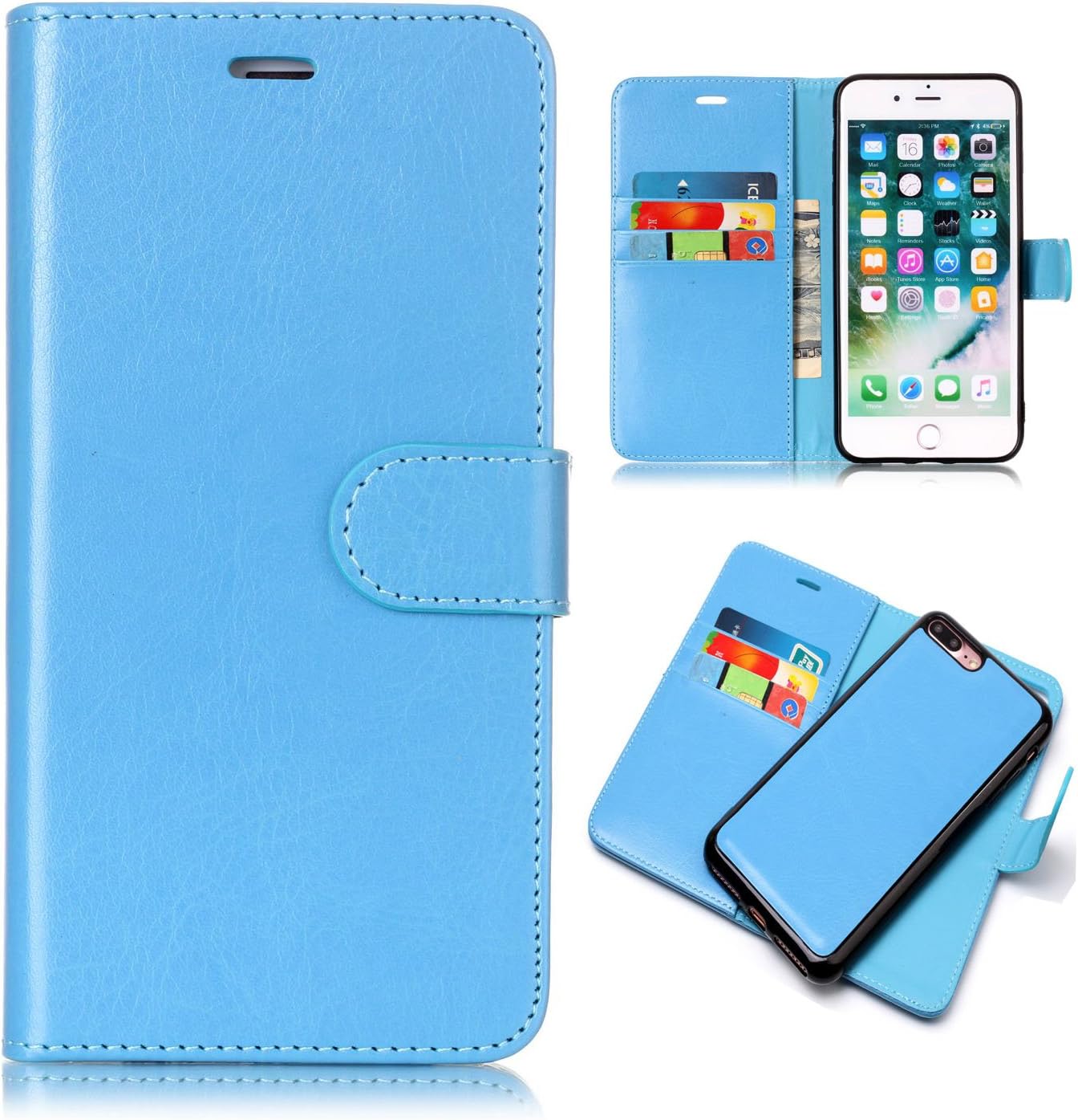 iPhone 8 Plus Case, iPhone 7 Plus Case, UZER 2in1 Detachable Magnetic Back Cover Premium Leather Folio Flip Kickstand Removable Wallet Case with Card Slot Cash Holder Pocket for iPhone 7/8 Plus Blue