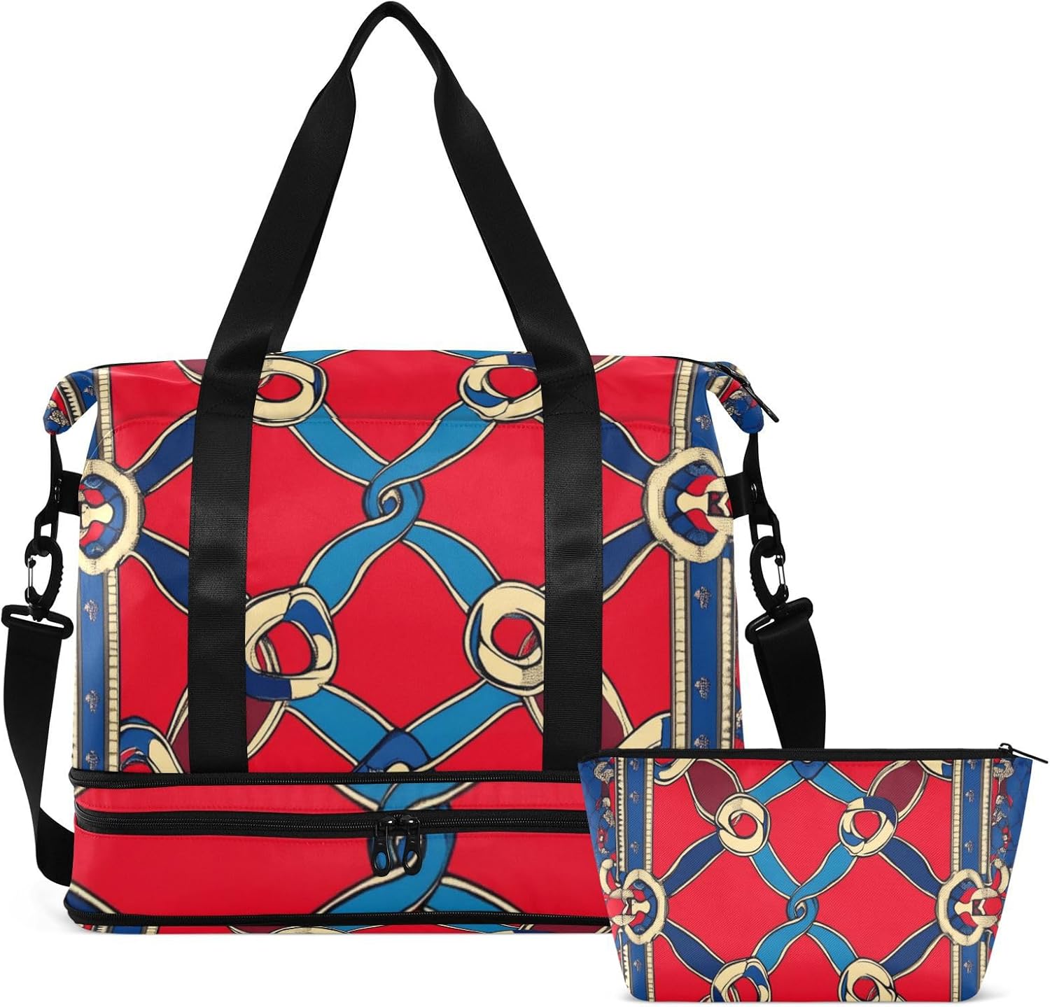 Vintage Flower Pattern Red and Blue Gym Bag Sports Gym Tote Bag with Adjustable Strap for Hiking Multifunctional