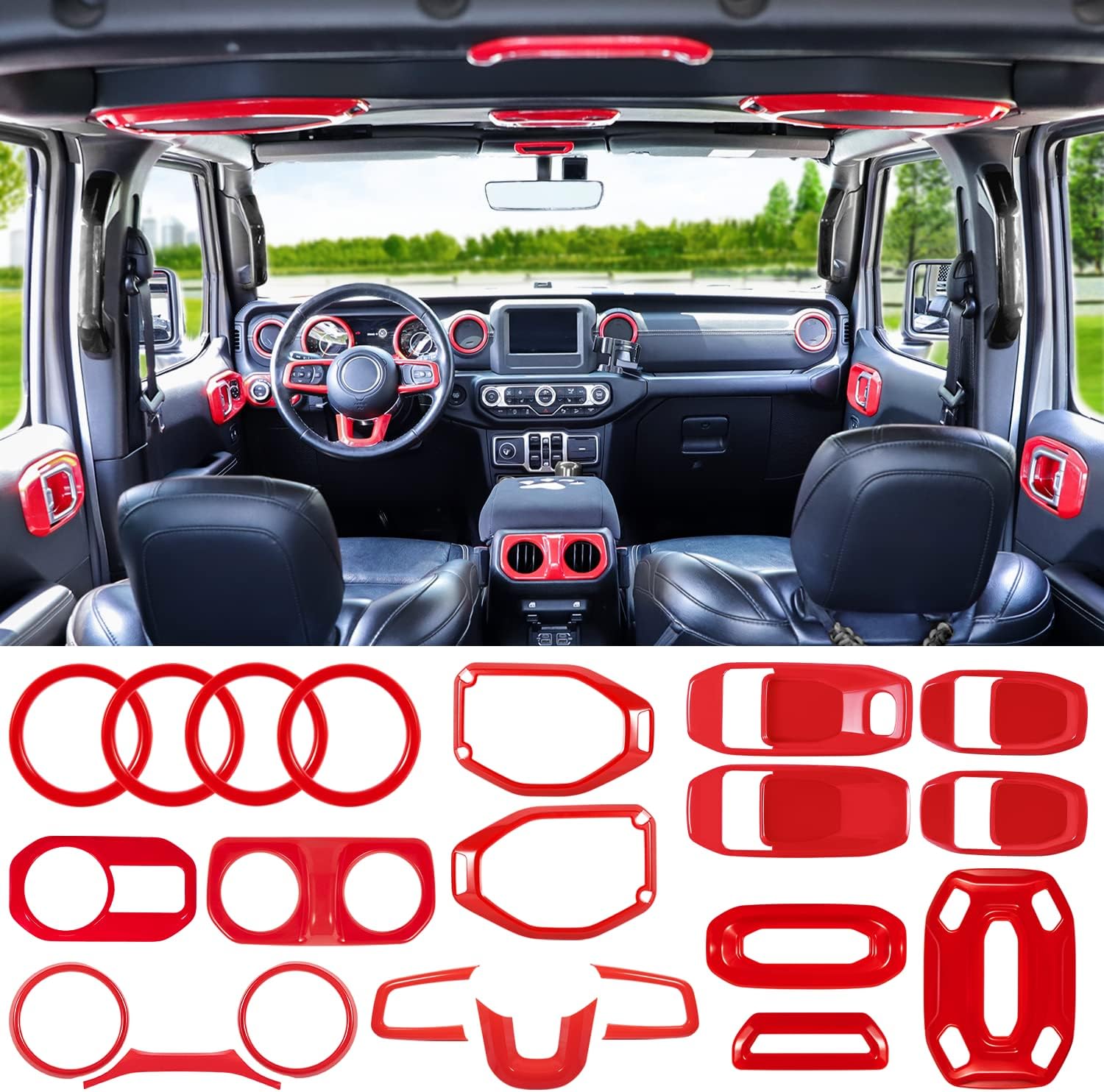 LAIKOU 21PCS Full Set Interior Decoration Trim Kit fit for Jeep Wrangler JL JLU 2018-2023 & Gladiator JT | Air Conditioning Vent Door Handle Speaker Light Headlight Switch Cover (Red)