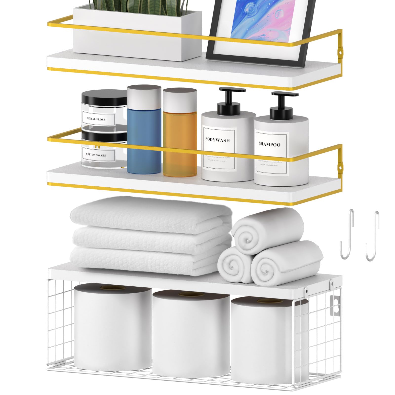 WOCOPIA Floating Shelves for Wall with Paper Storage Basket & S Hooks, Bathroom Shelves Wall Mounted Over Toilet with Metal Guardrails, Floating Bathroom Shelf for Home Room DÃ©cor, Kitchen-White&Gold