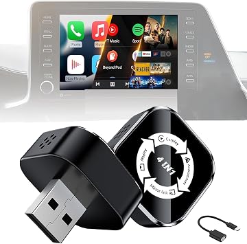 2026 4-in-1 CarPlay Adapter Wireless CarPlay + AirPlay + Android Auto + MirrorLink | Plug-&-Play for iPhone 10& Android 11+ | USB-A & Type-C Dual Ports Black and White