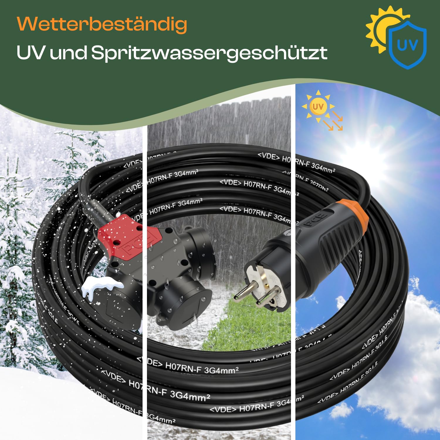 Schutzkontakt Verlängerungskabel 5m Außen 3Fach Verteiler Stromkabel Außenbereich Schuko Verlängerung PCE Outdoor Verlängerung Kabel Steckdosenleiste 3-Fach Mehrfachstecker Multisteckdose 3x1,5