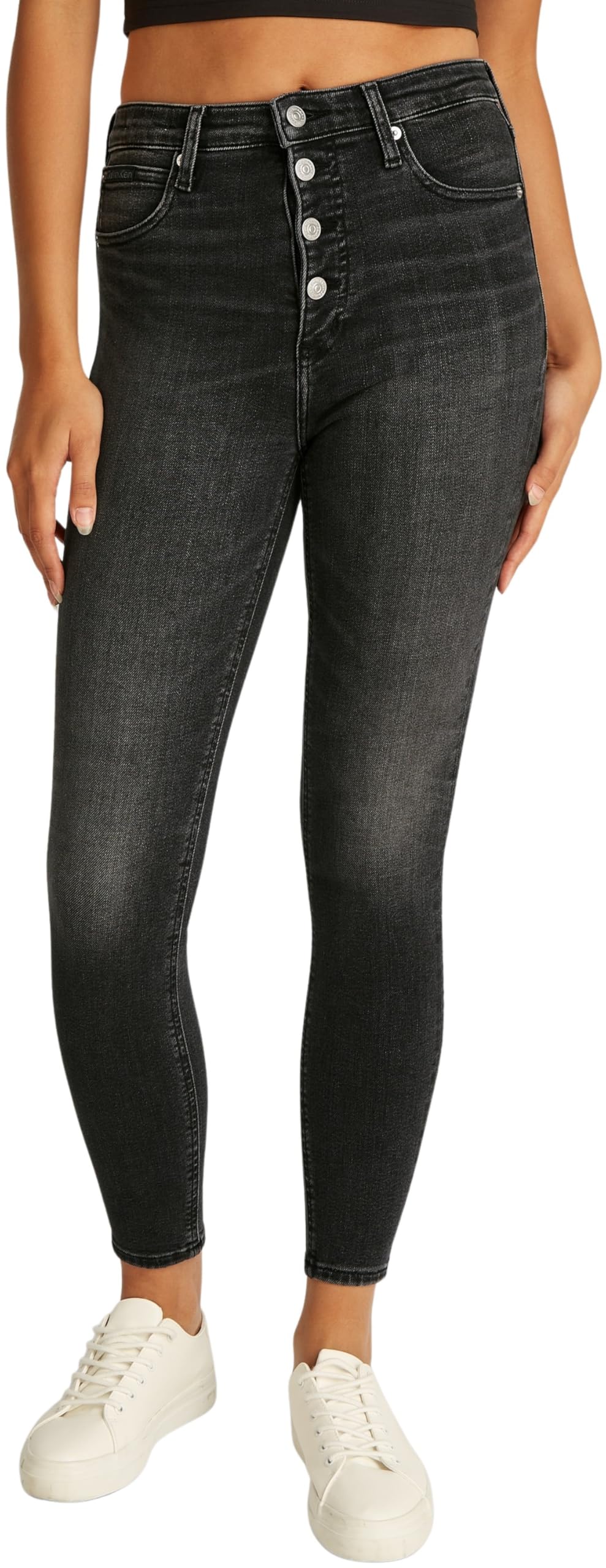 Calvin Klein Women’s High Rise Super Skinny Ankle Grazer Jeans with Button Placket, Black (Denim Black), 26W